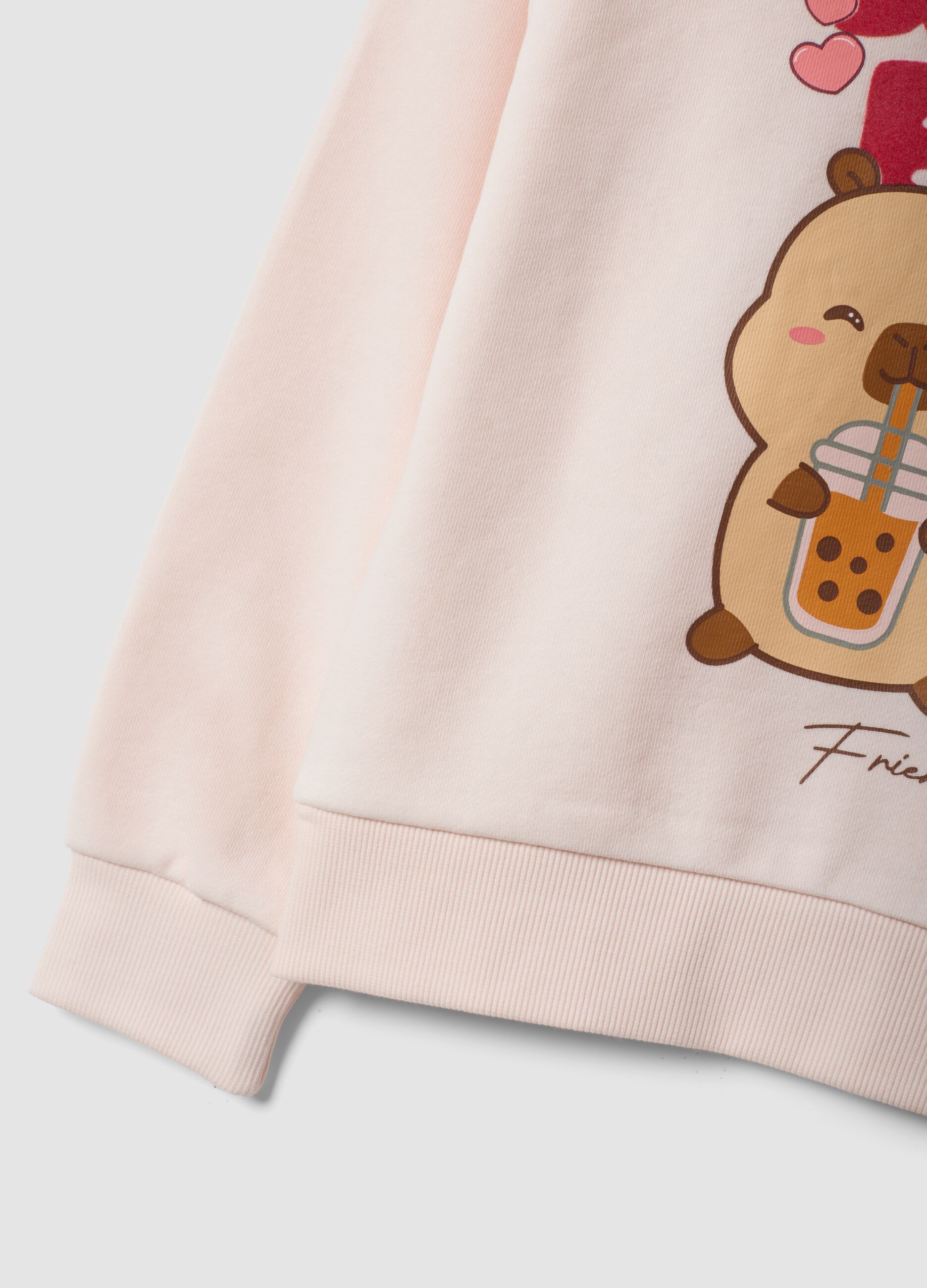 Pink cotton-blend crew-neck sweatshirt with capybara print for girls
