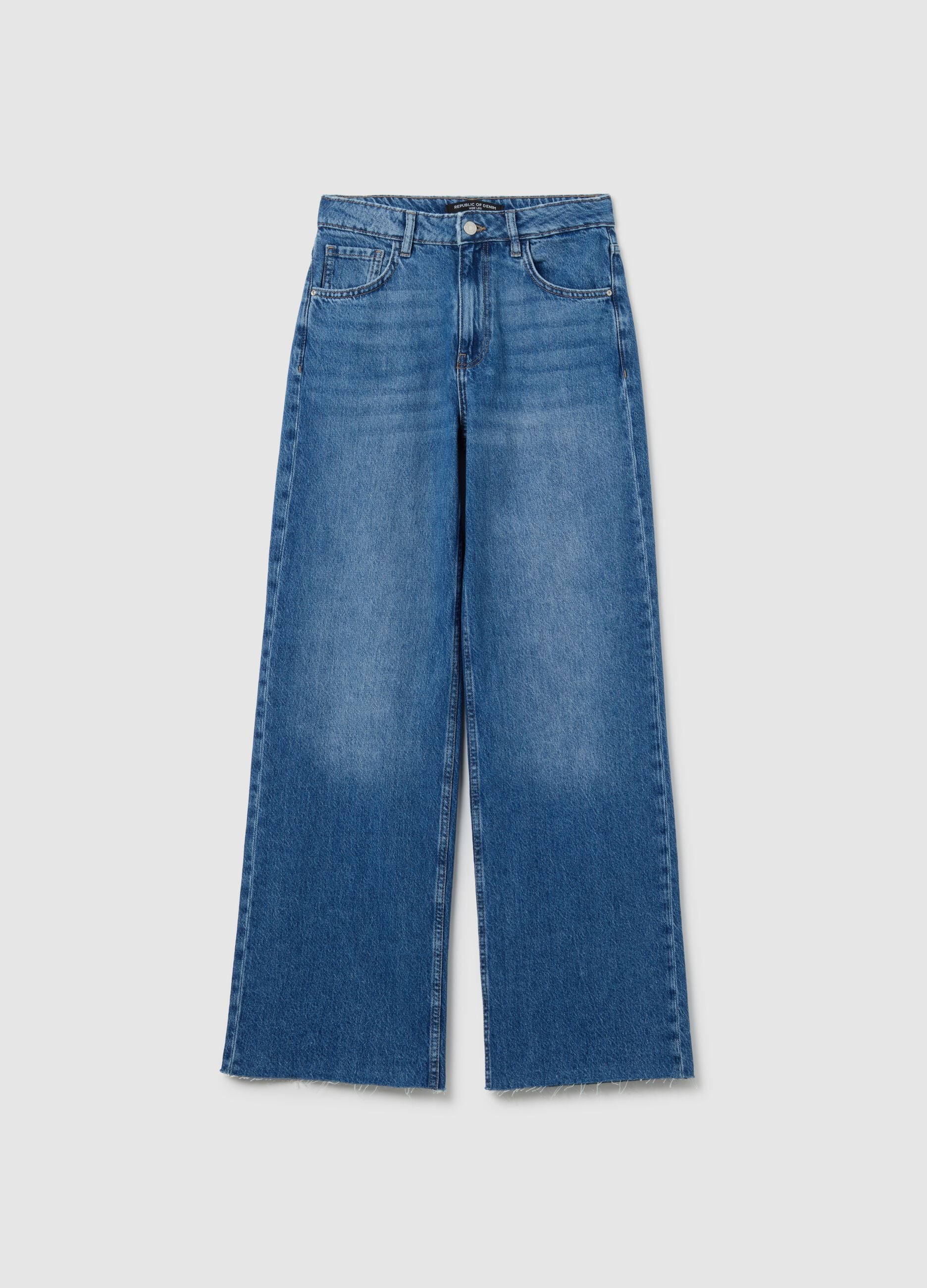 Wide leg blue jeans in pure cotton