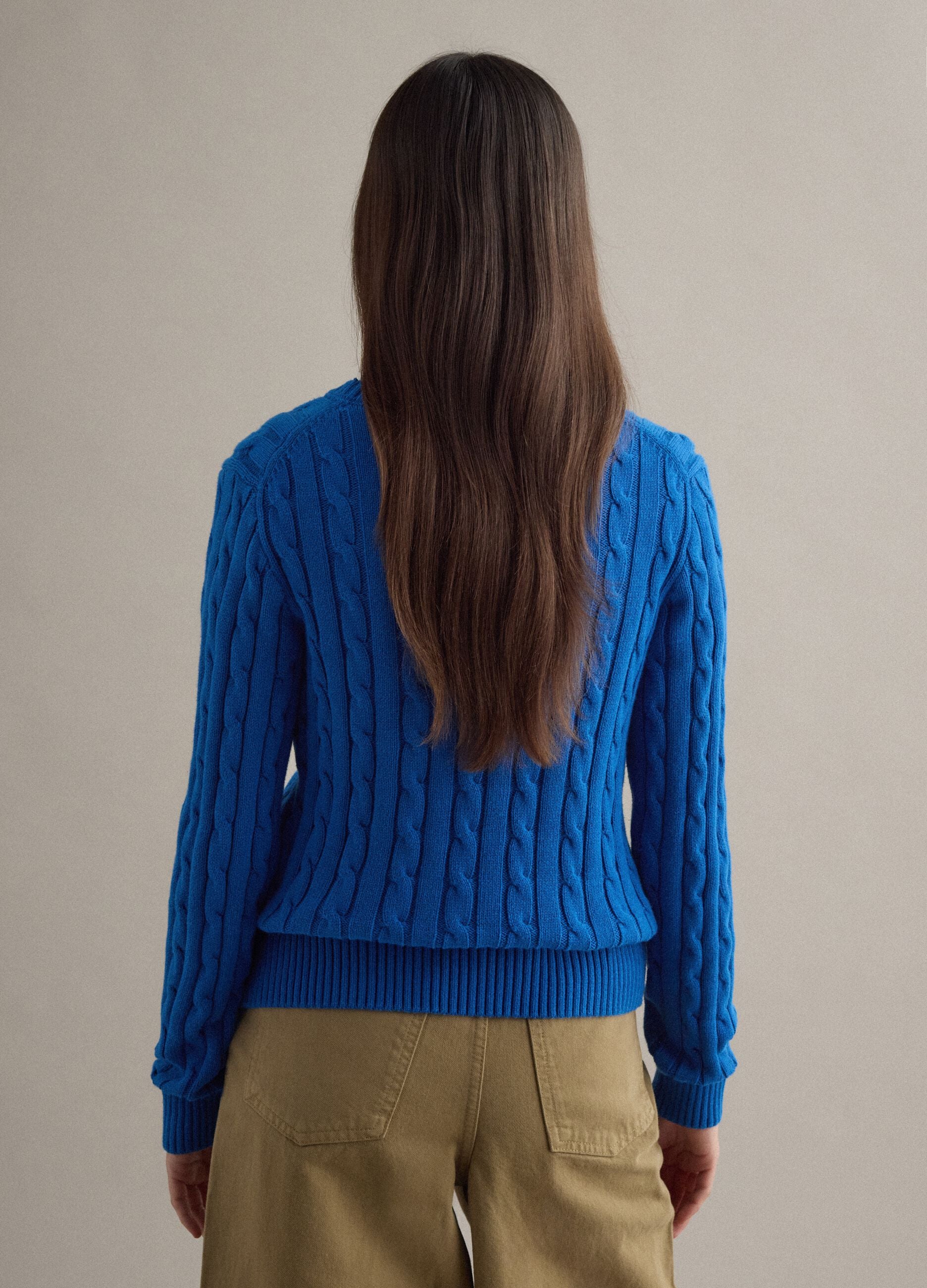 Blue sweater in pure cotton regular fit with cable knit
