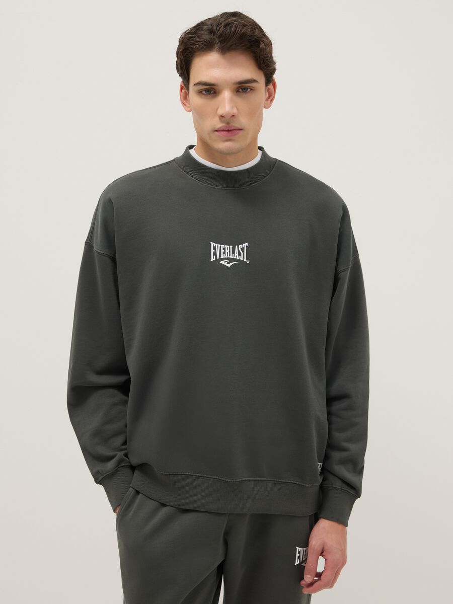 Black cotton blend regular fit sweatshirt with Everlast logo_0