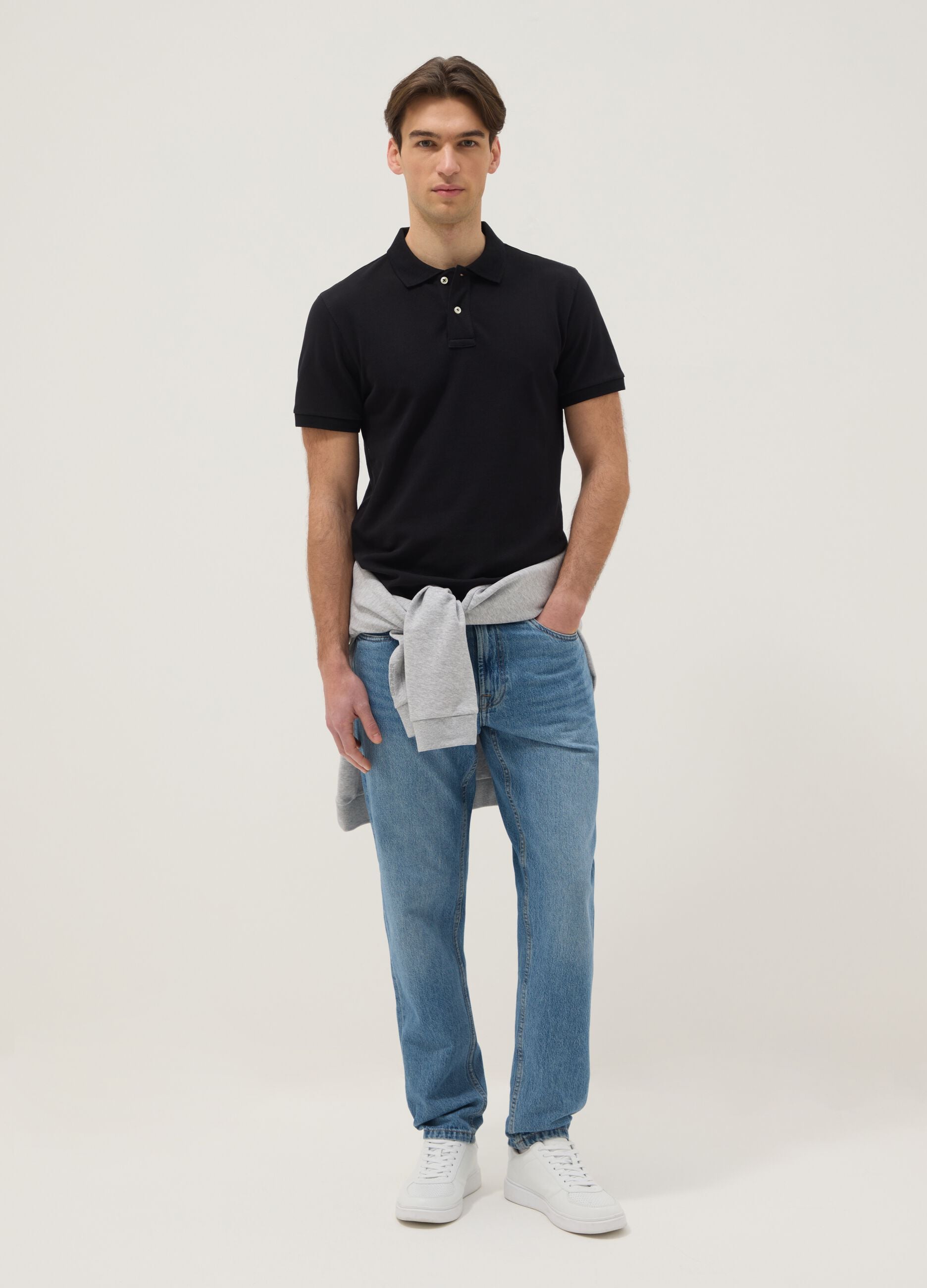 Short sleeve black organic cotton polo shirt, slim fit