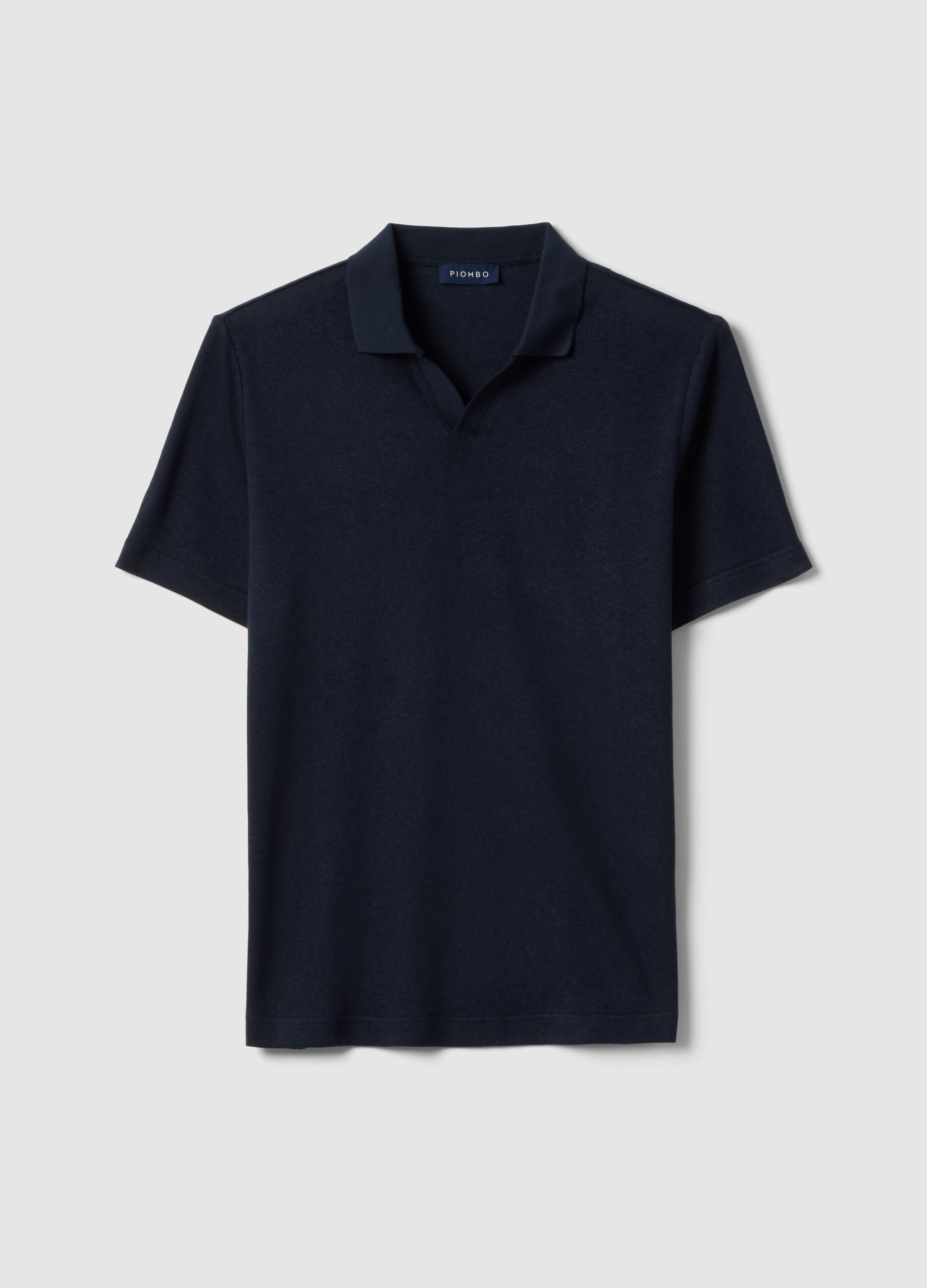 Blue regular fit linen-cotton blend polo