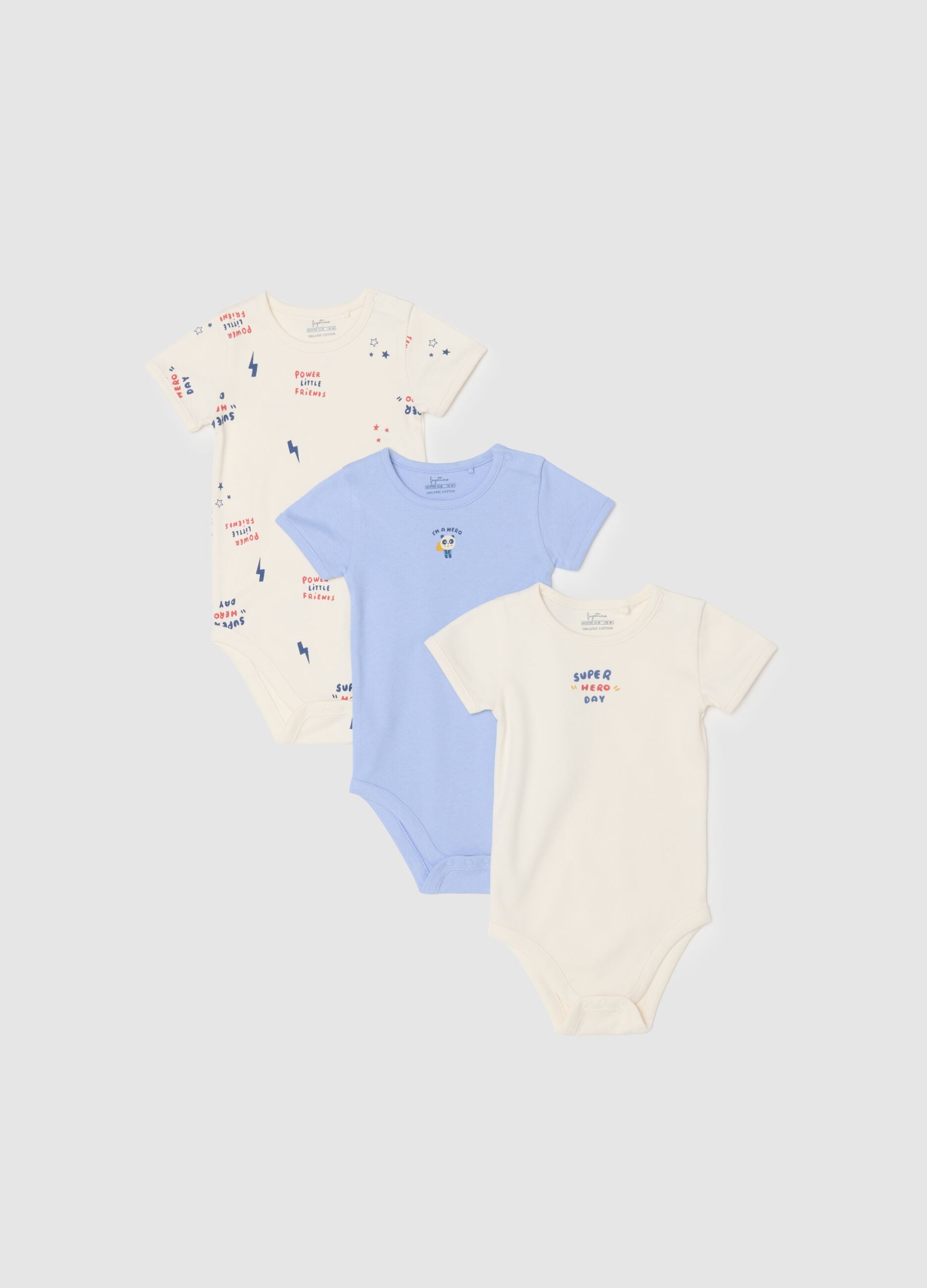 Multicoloured short-sleeve baby bodysuit tripack in pure cotton