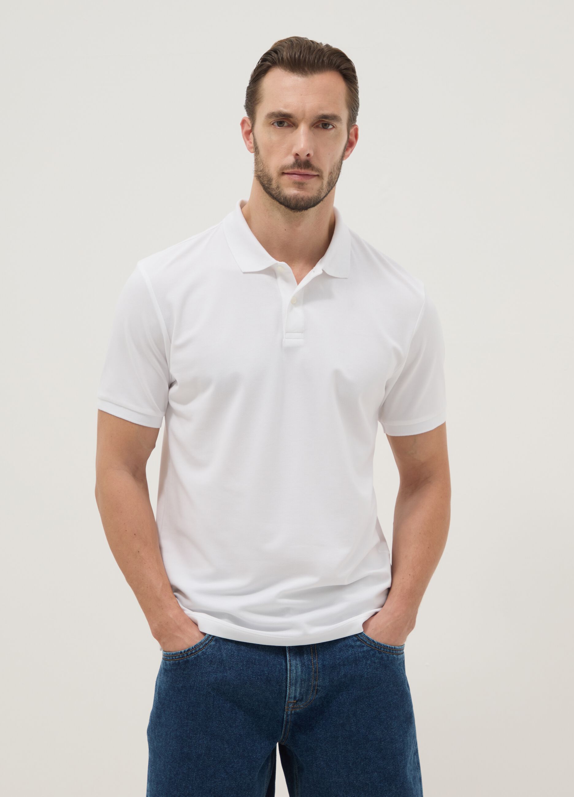 White stretch cotton-blend polo regular fit