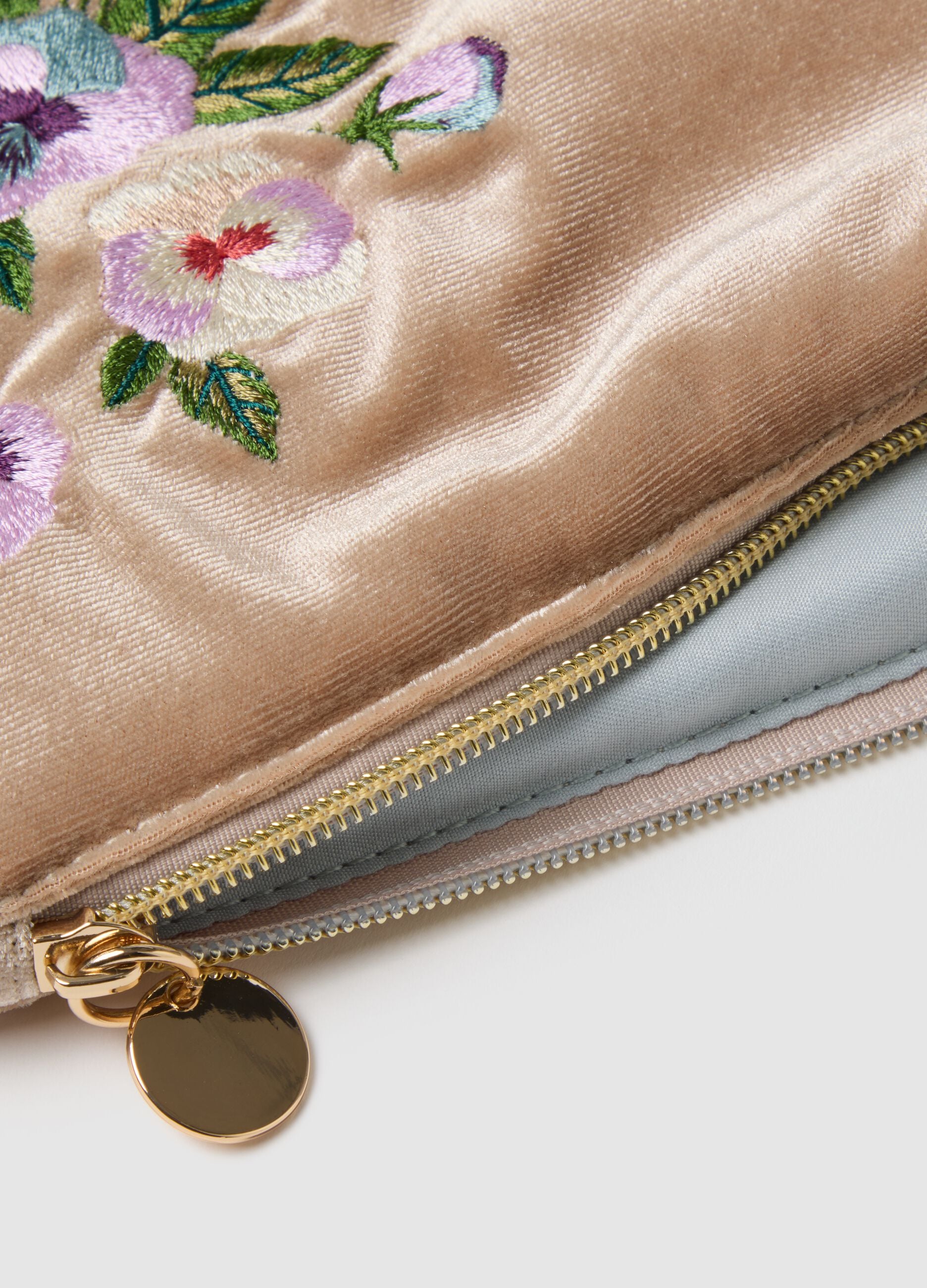 Multicoloured pouch with floral embroidery and zip