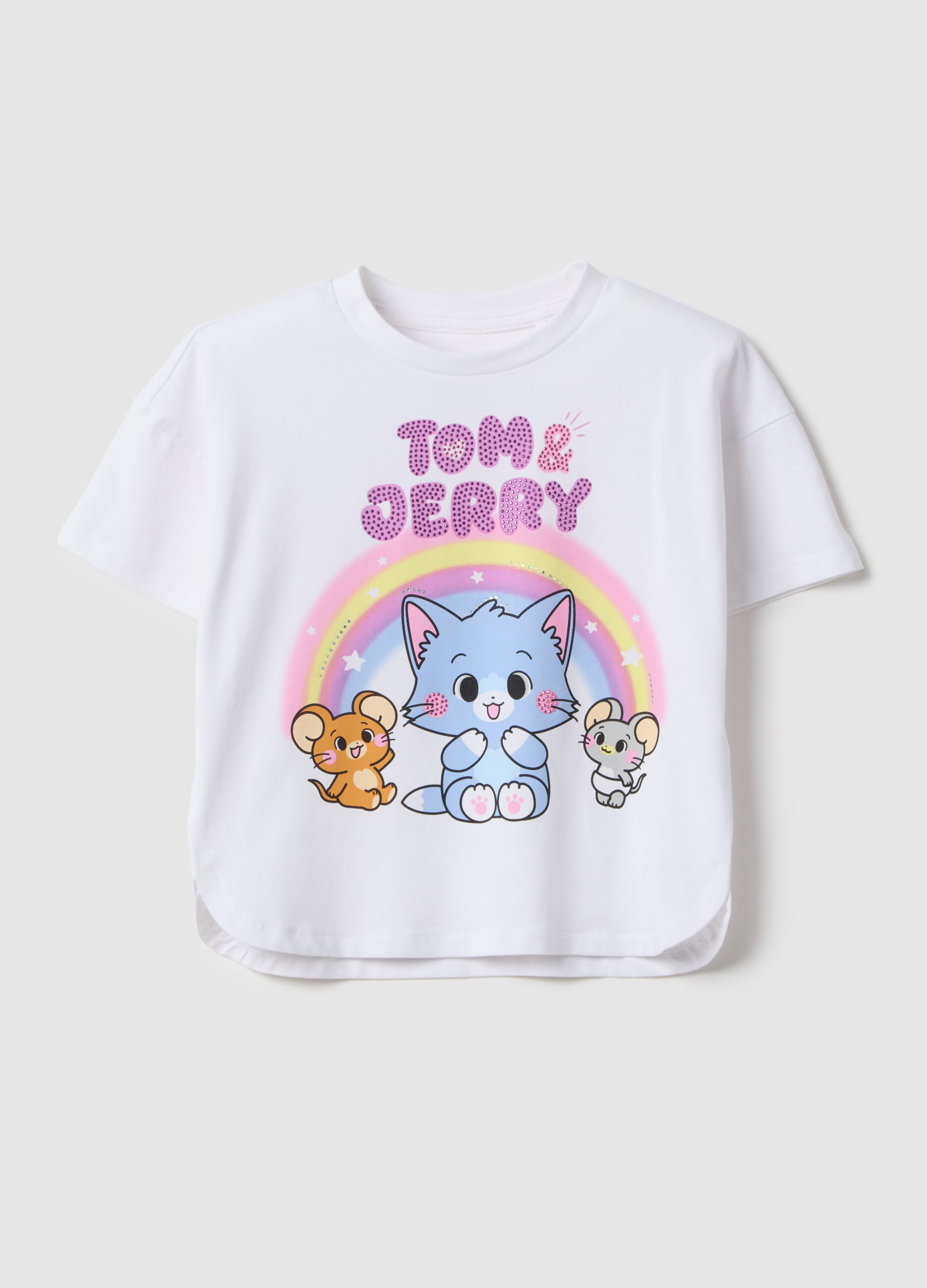 White stretch cotton T-shirt for girls with print