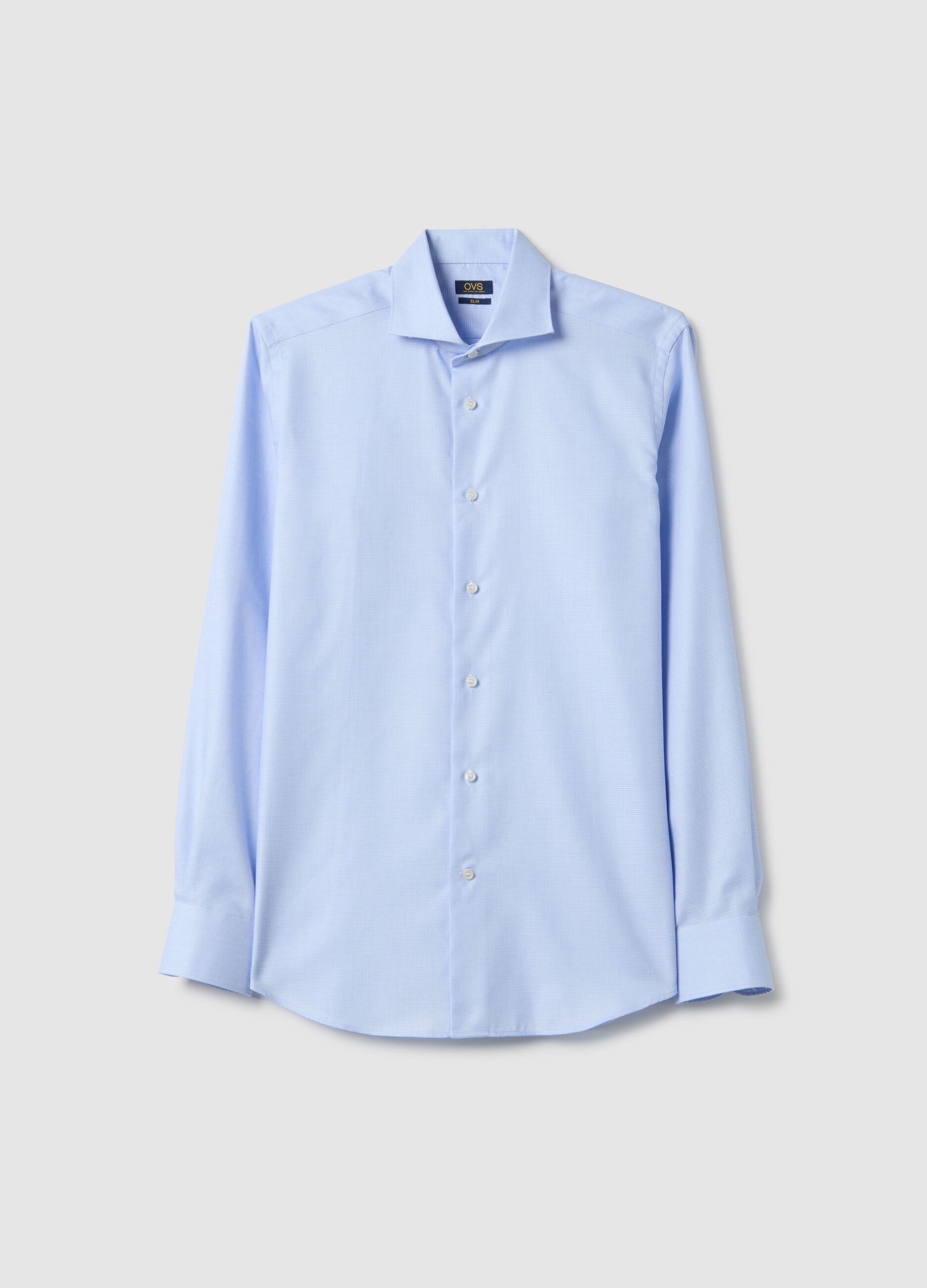 Sky blue pure cotton shirt with slim fit microcheck pattern