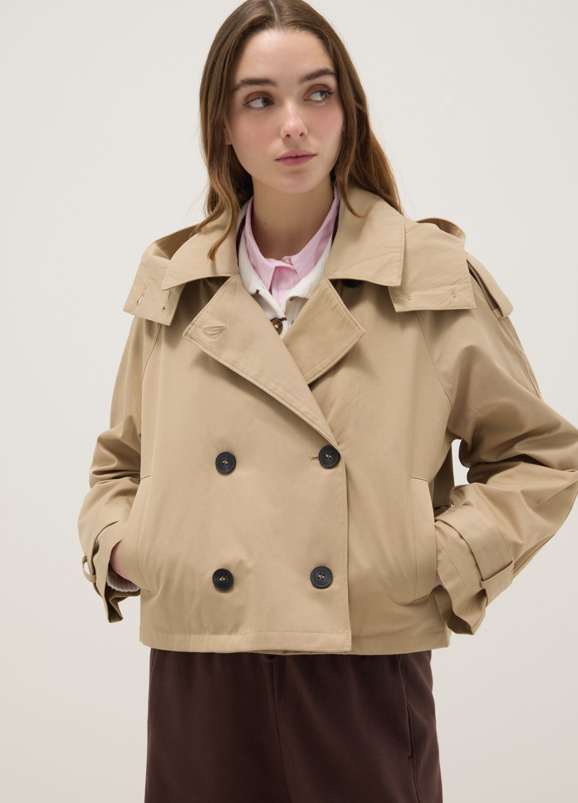 Beige cotton blend regular fit jacket with hood