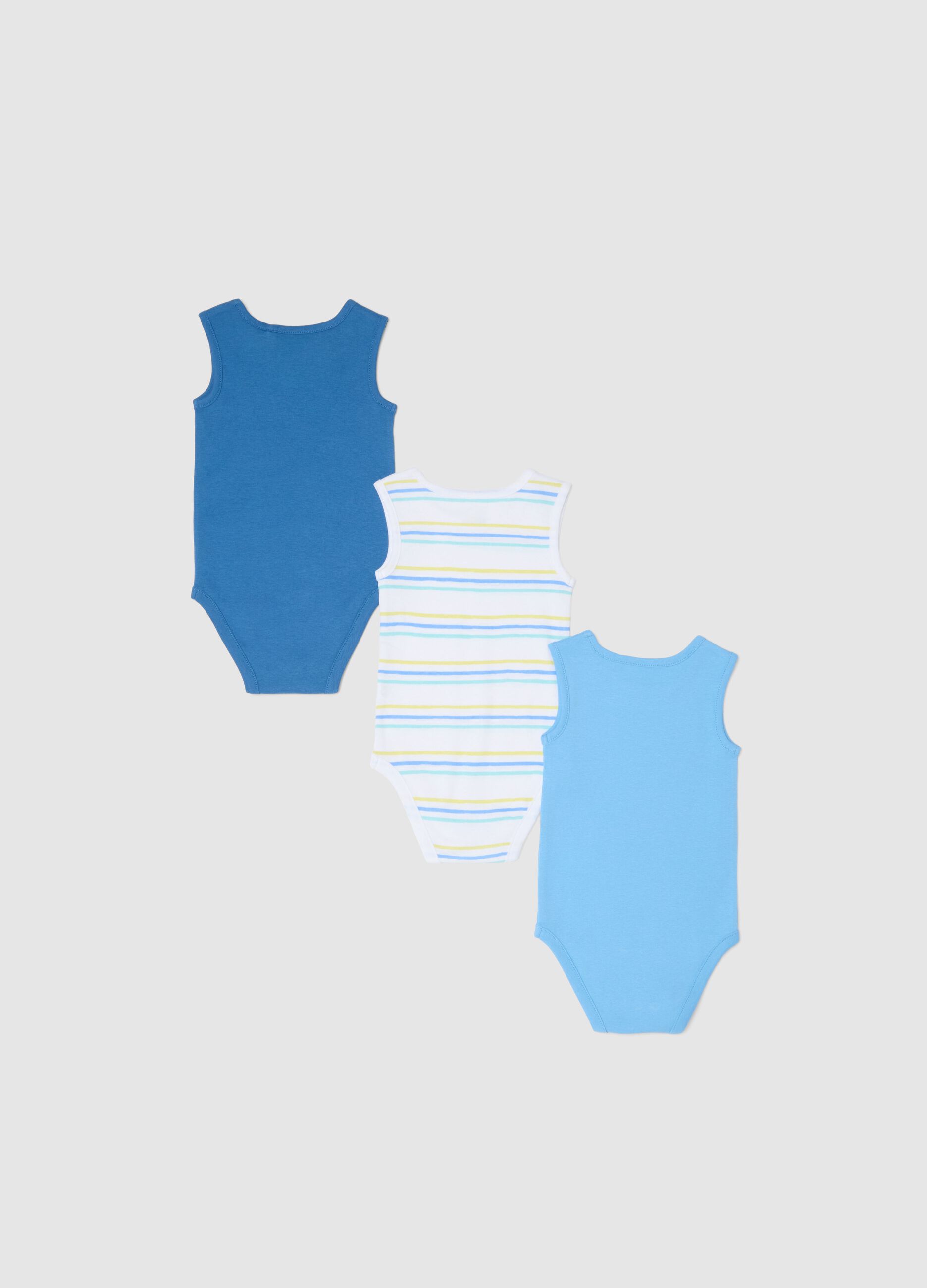 Multicolour Sleeveless Baby Bodysuit Tripack in Pure Cotton