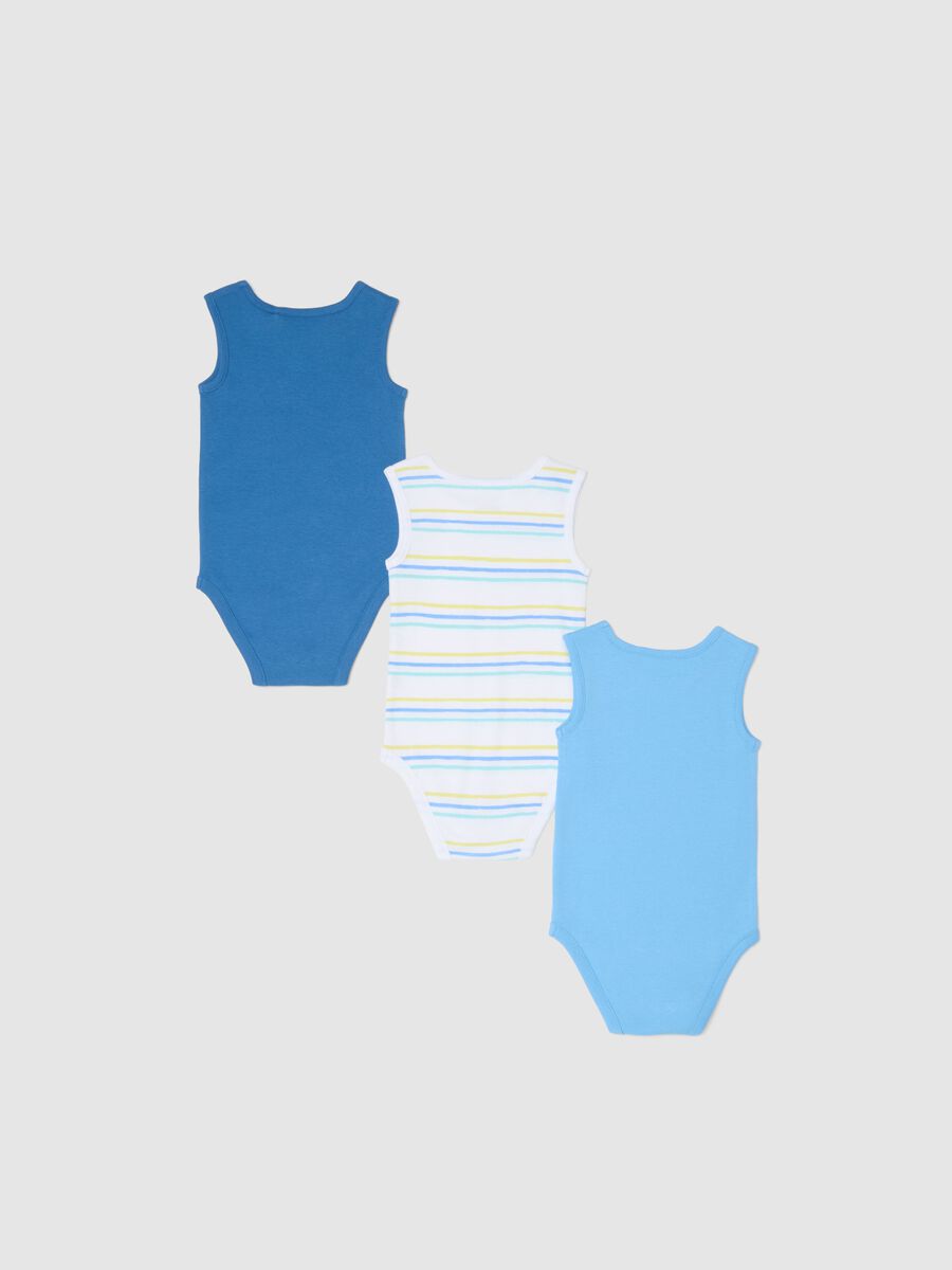 Multicolour Sleeveless Baby Bodysuit Tripack in Pure Cotton_1