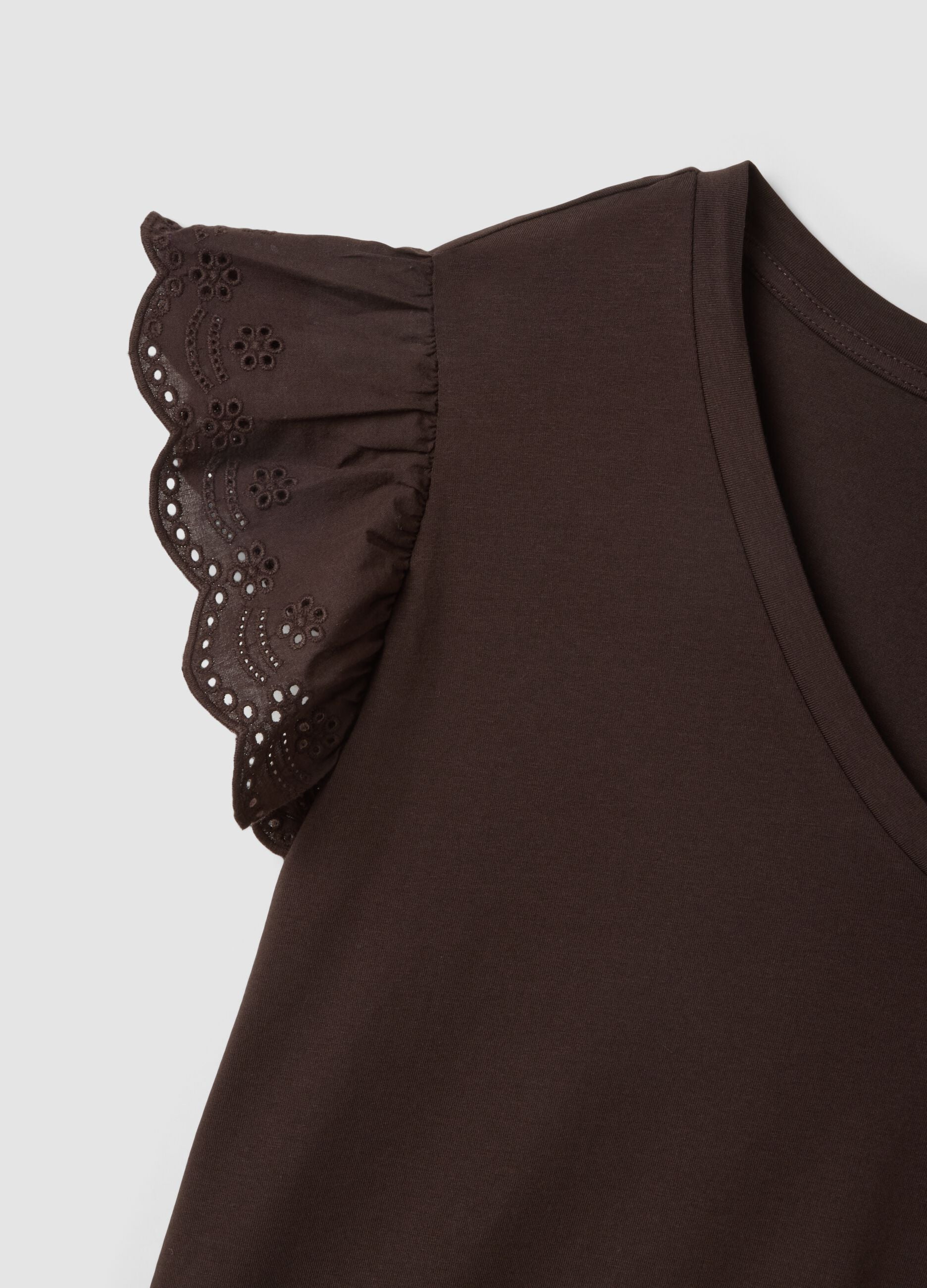 Brown stretch cotton T-shirt with ruffle sleeves, regular fit