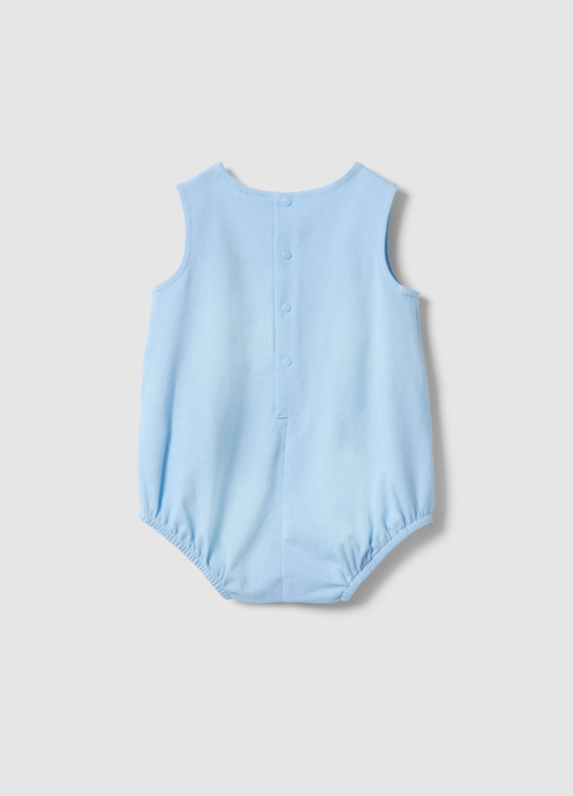 Baby's sleeveless pure cotton blue romper with embroidery