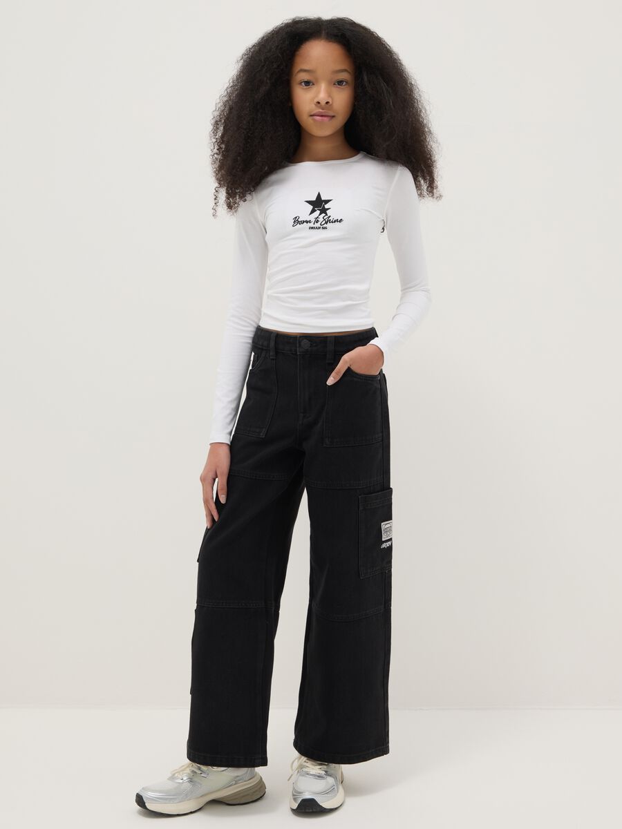 Black cotton blend cargo trousers for girls regular fit_0