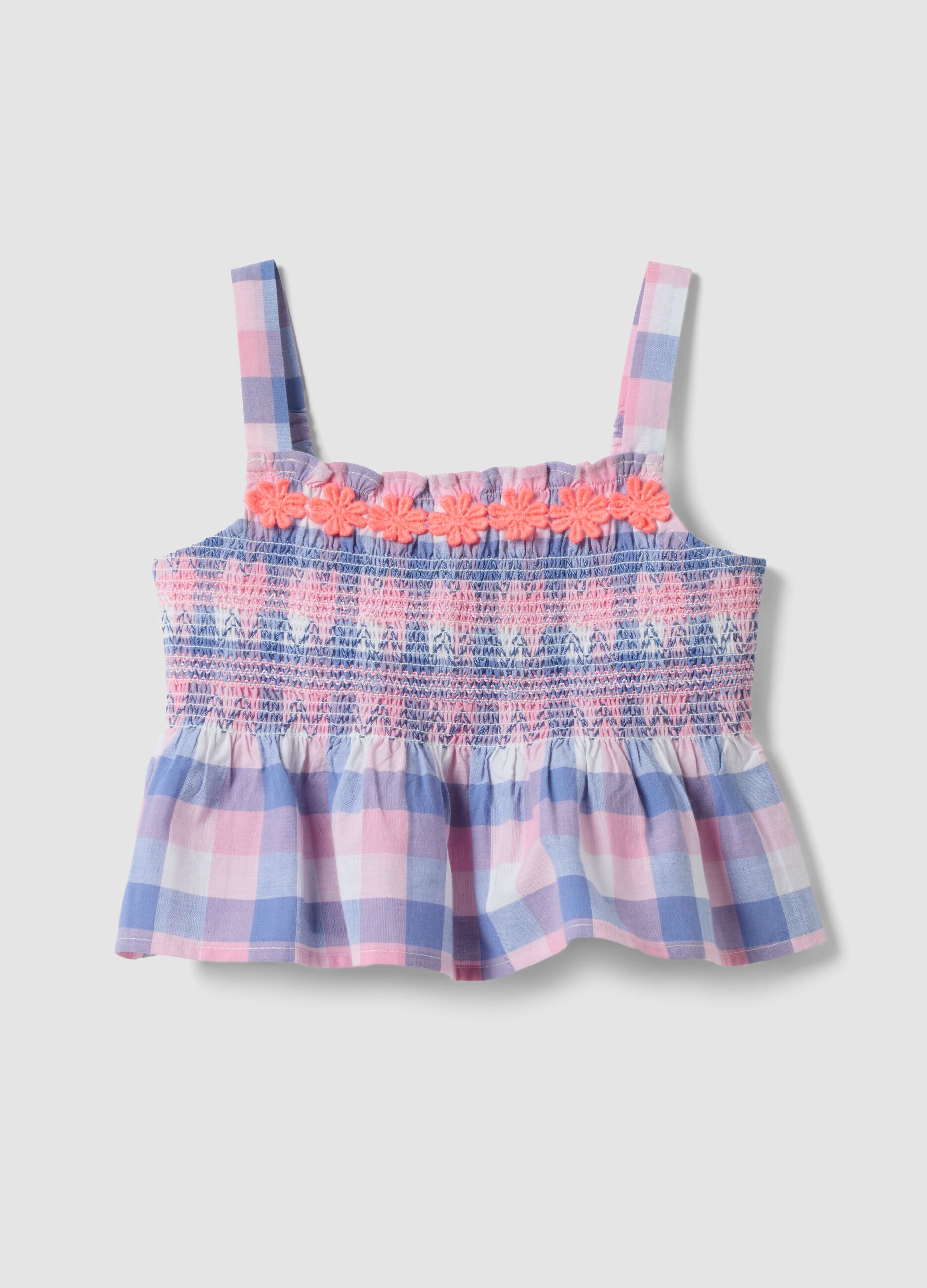 Girls' regular fit multicoloured check pure cotton tank top
