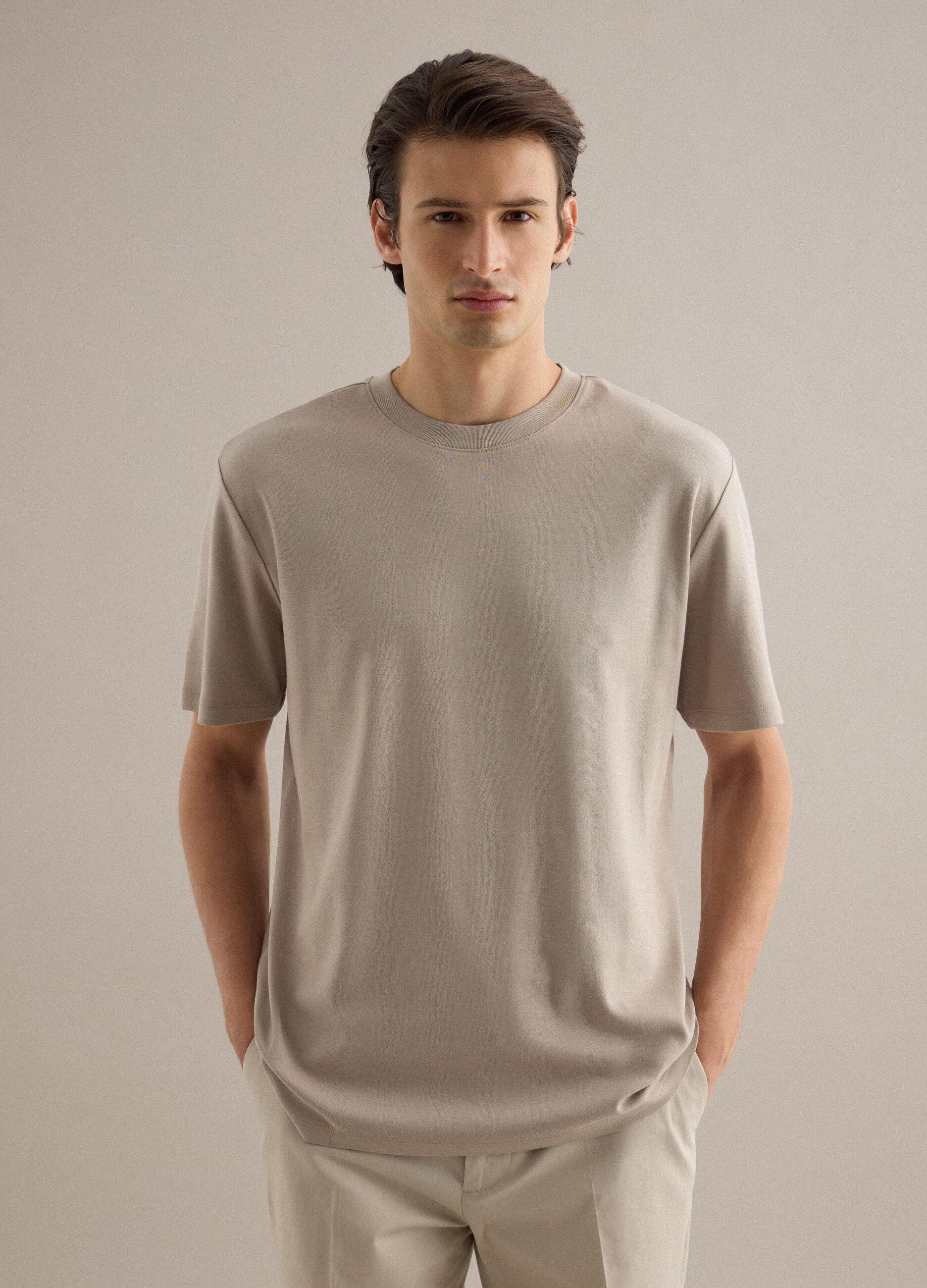Beige Pure Cotton Crew Neck T-Shirt Regular Fit