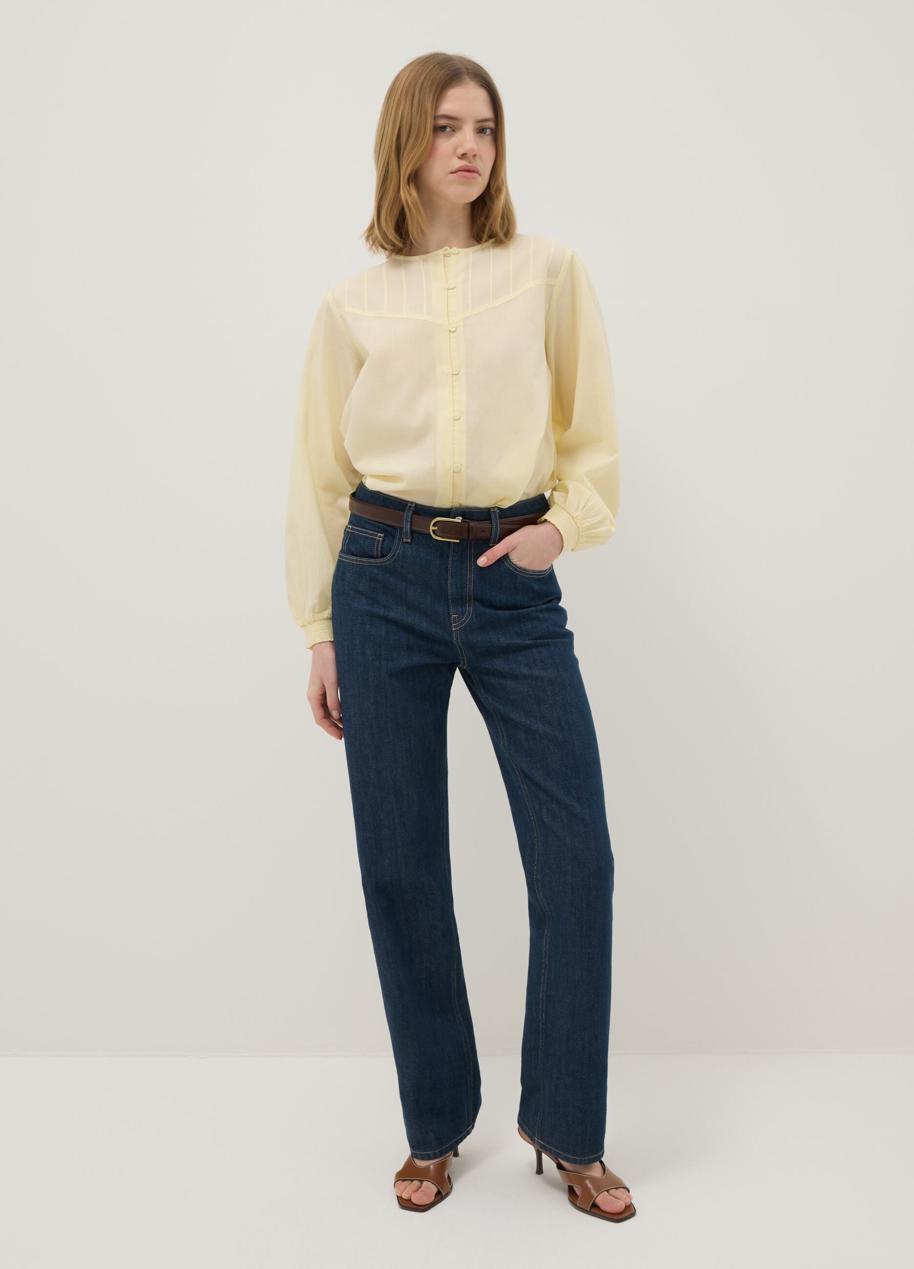 Beige pure cotton regular fit shirt with buttons and rounded collar
