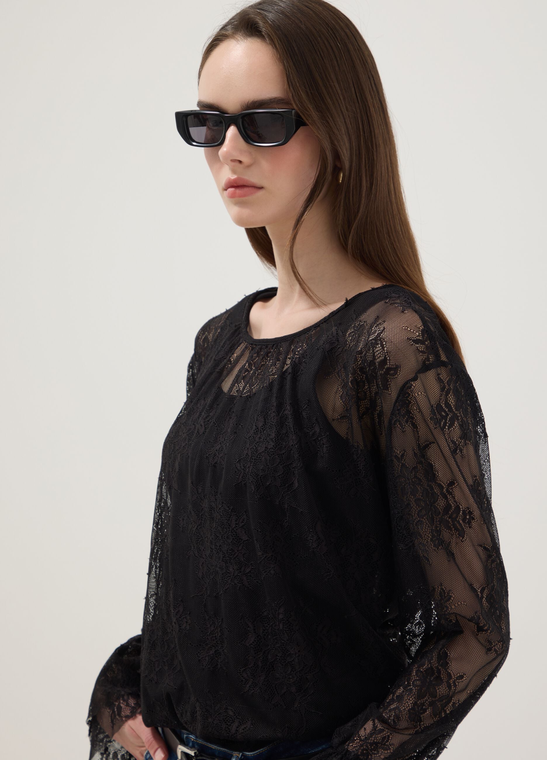Black stretch blouse with sheer lace, regular fit