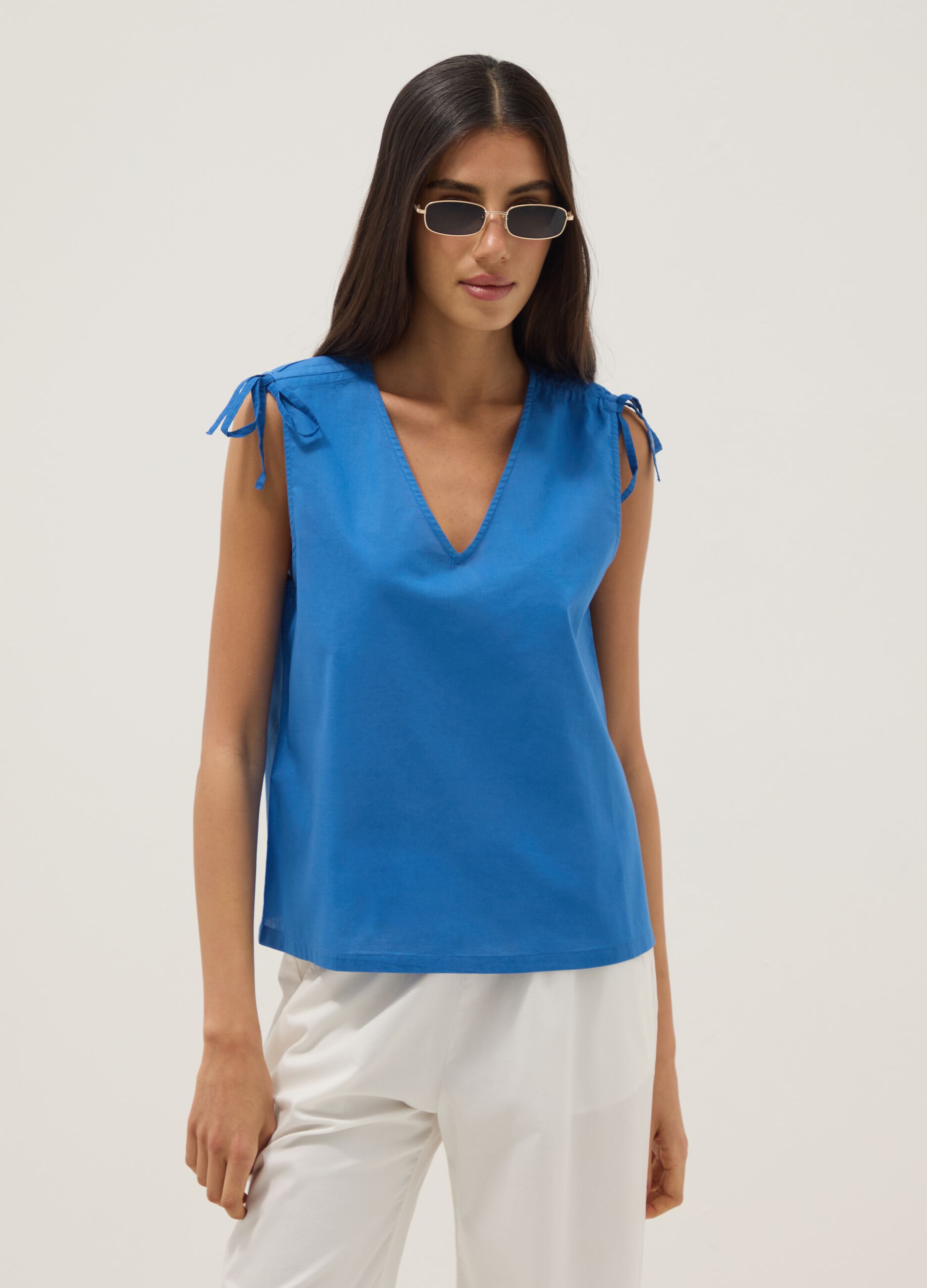 Blue pure cotton V-neck blouse, regular fit