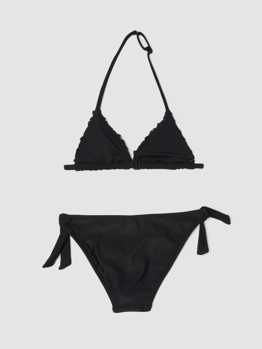 Bikini nero a triangolo in tessuto elasticizzato con volant_1