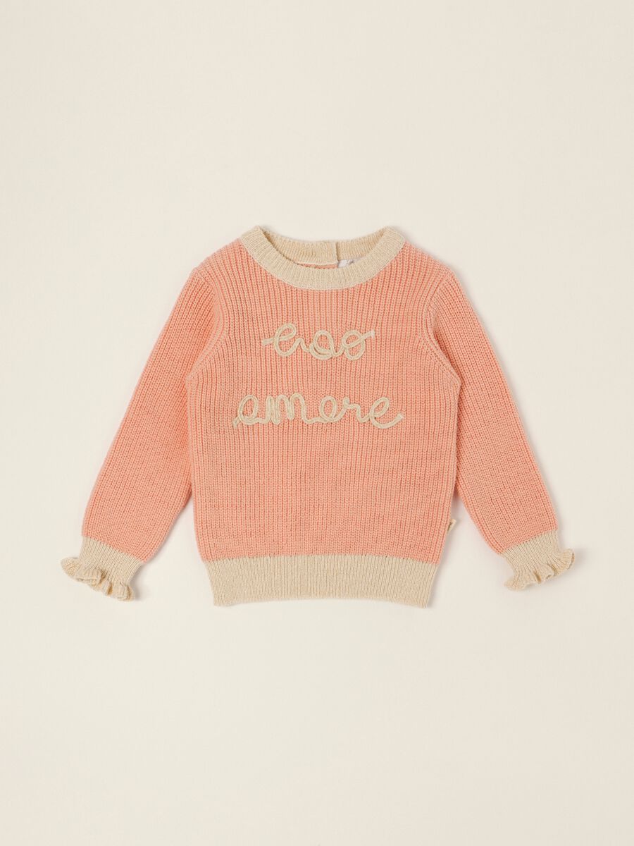 Pink pure cotton baby girl jumper with embroidered slogan_0