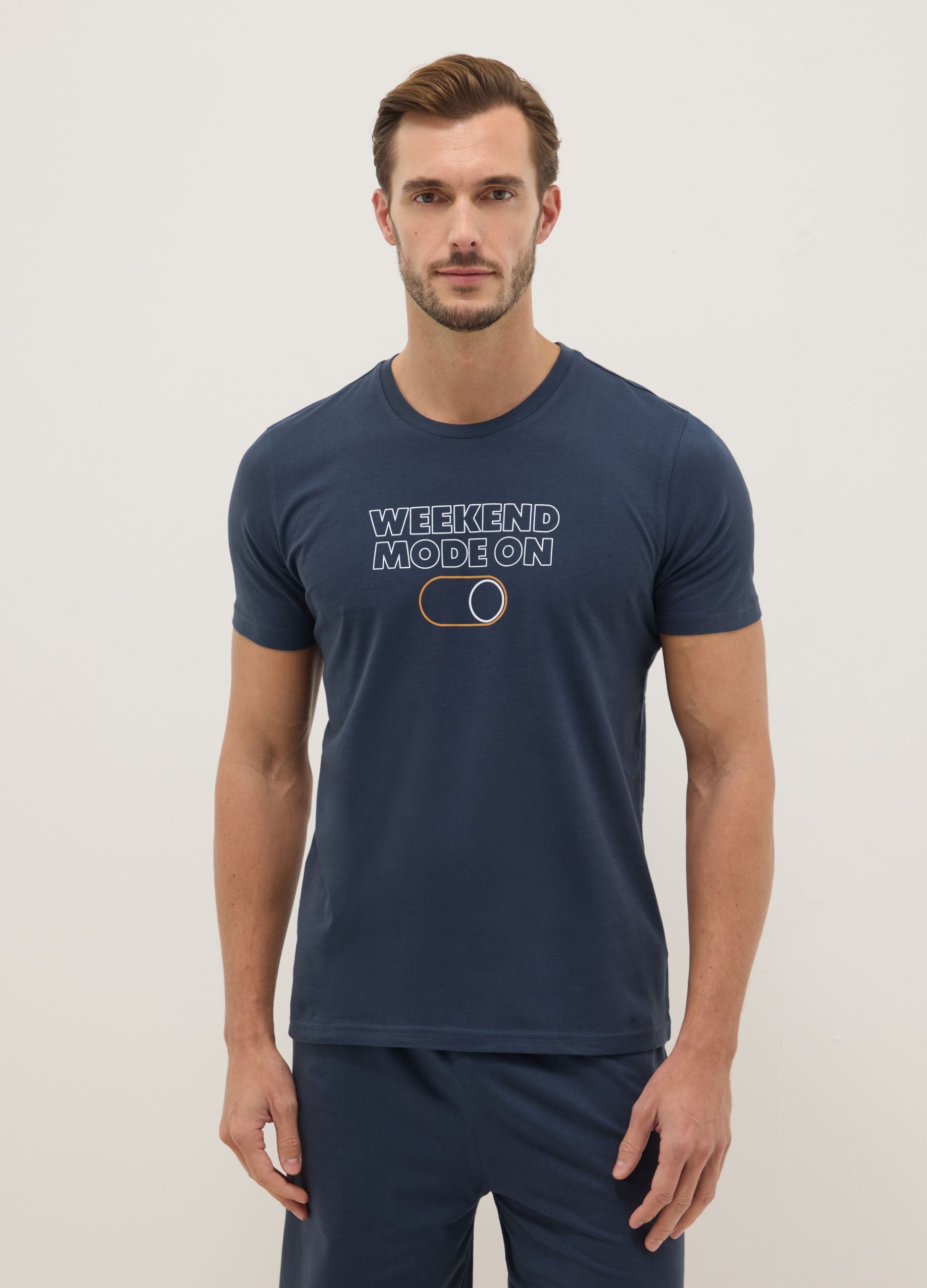 Short pyjamas in pure blue cotton regular fit with print