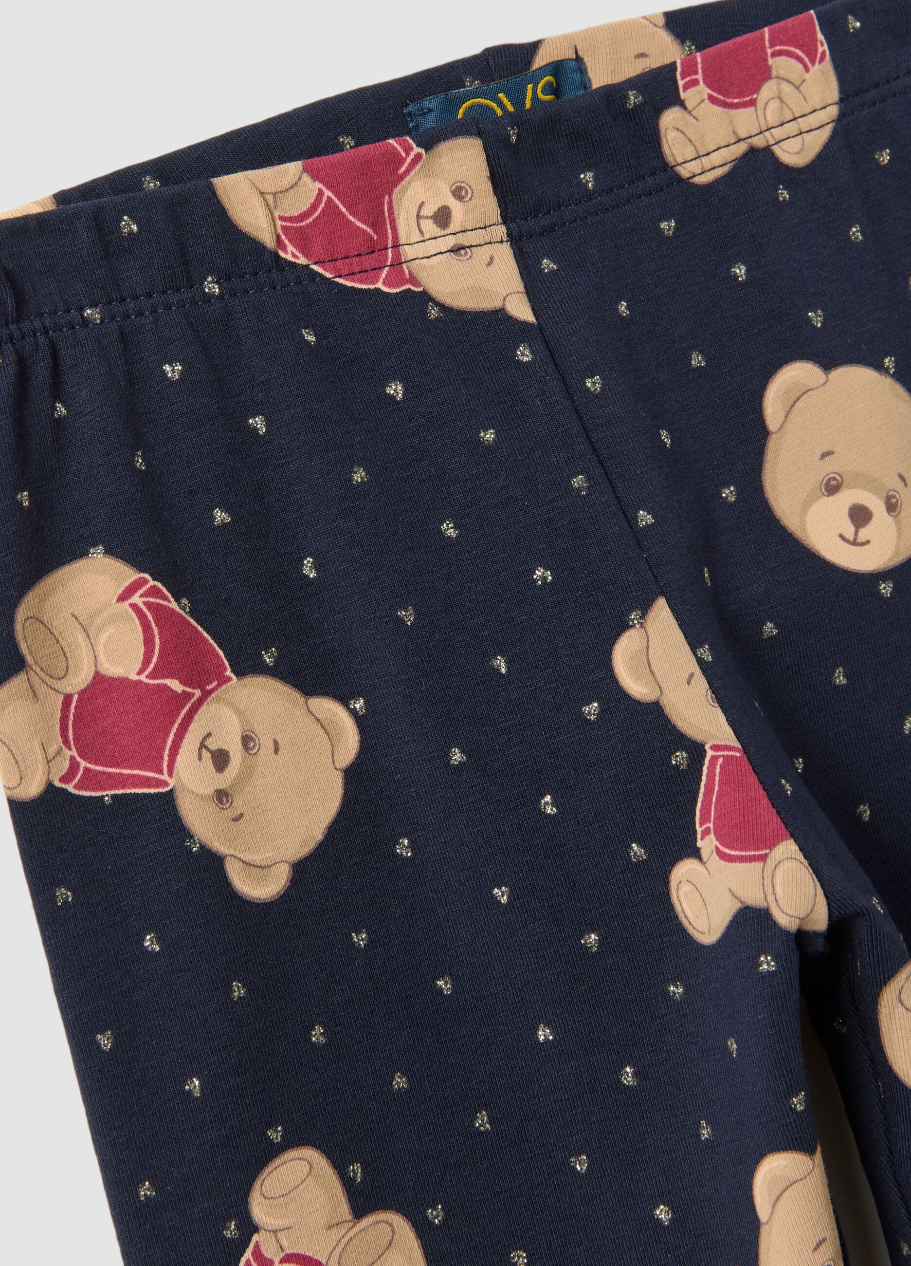 Blue stretch organic cotton leggings with teddy bear print for girls