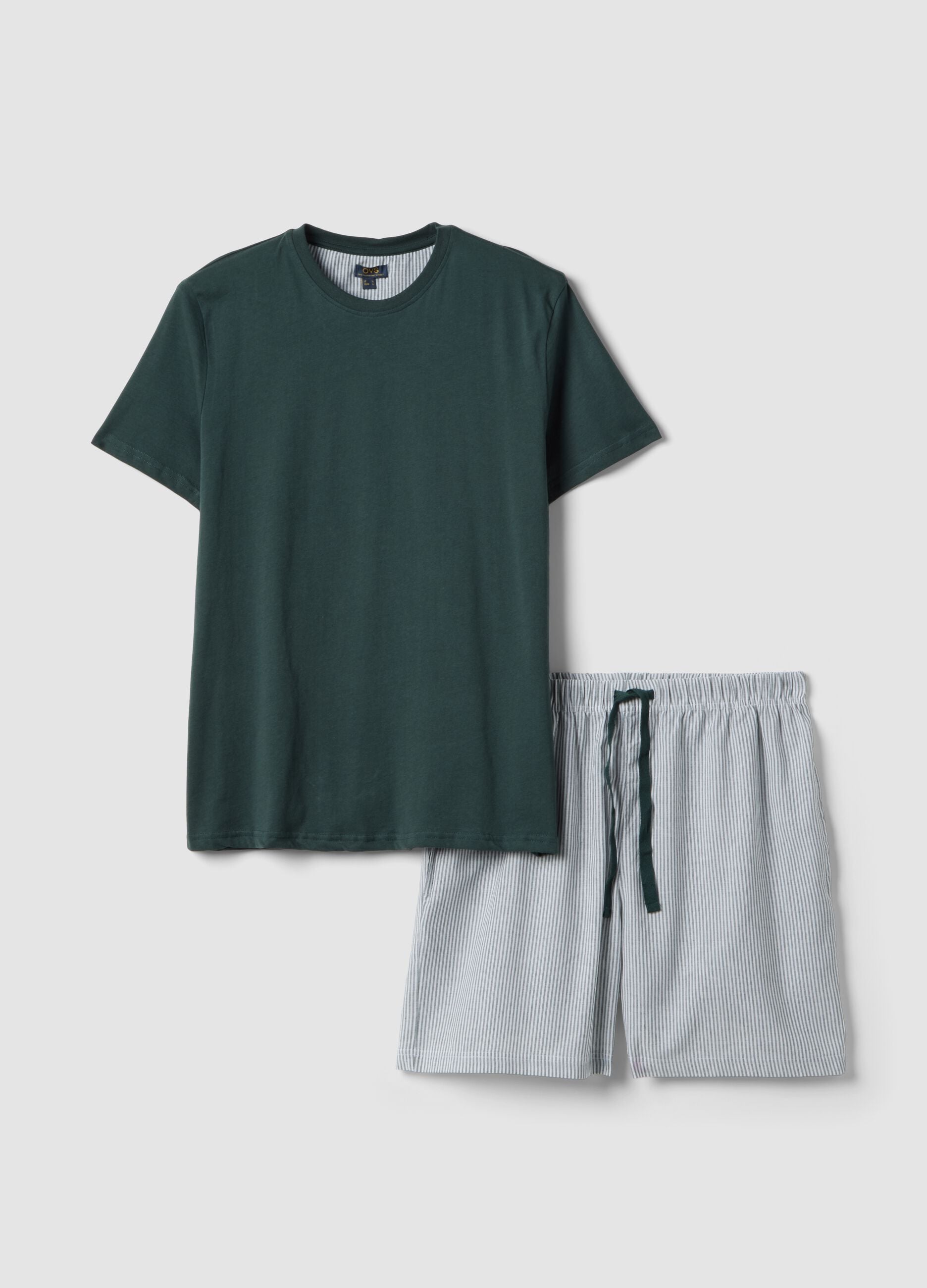 Green short-sleeve striped pyjama set in pure organic cotton jersey