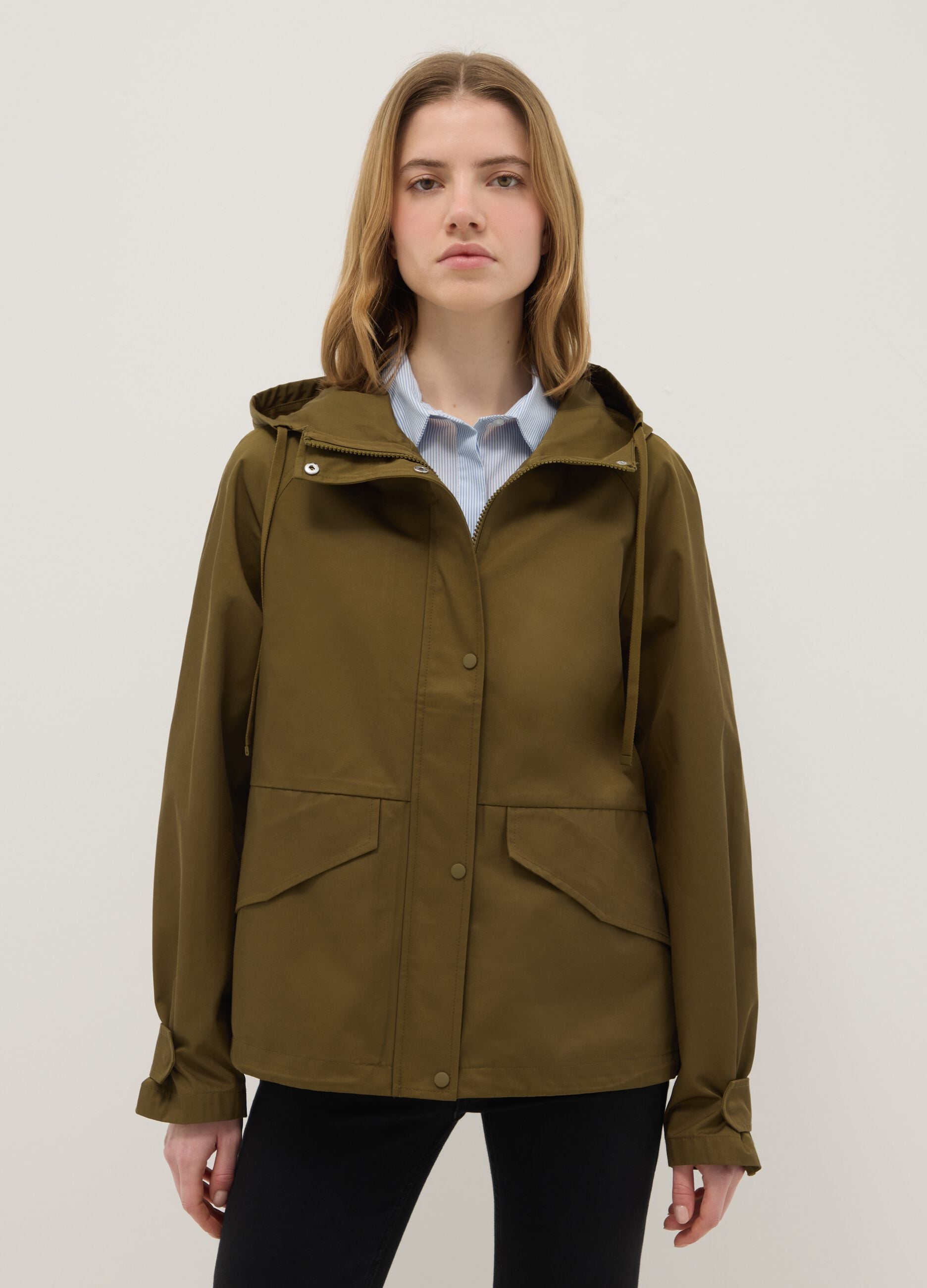 Green cotton blend regular fit jacket with zip and hood