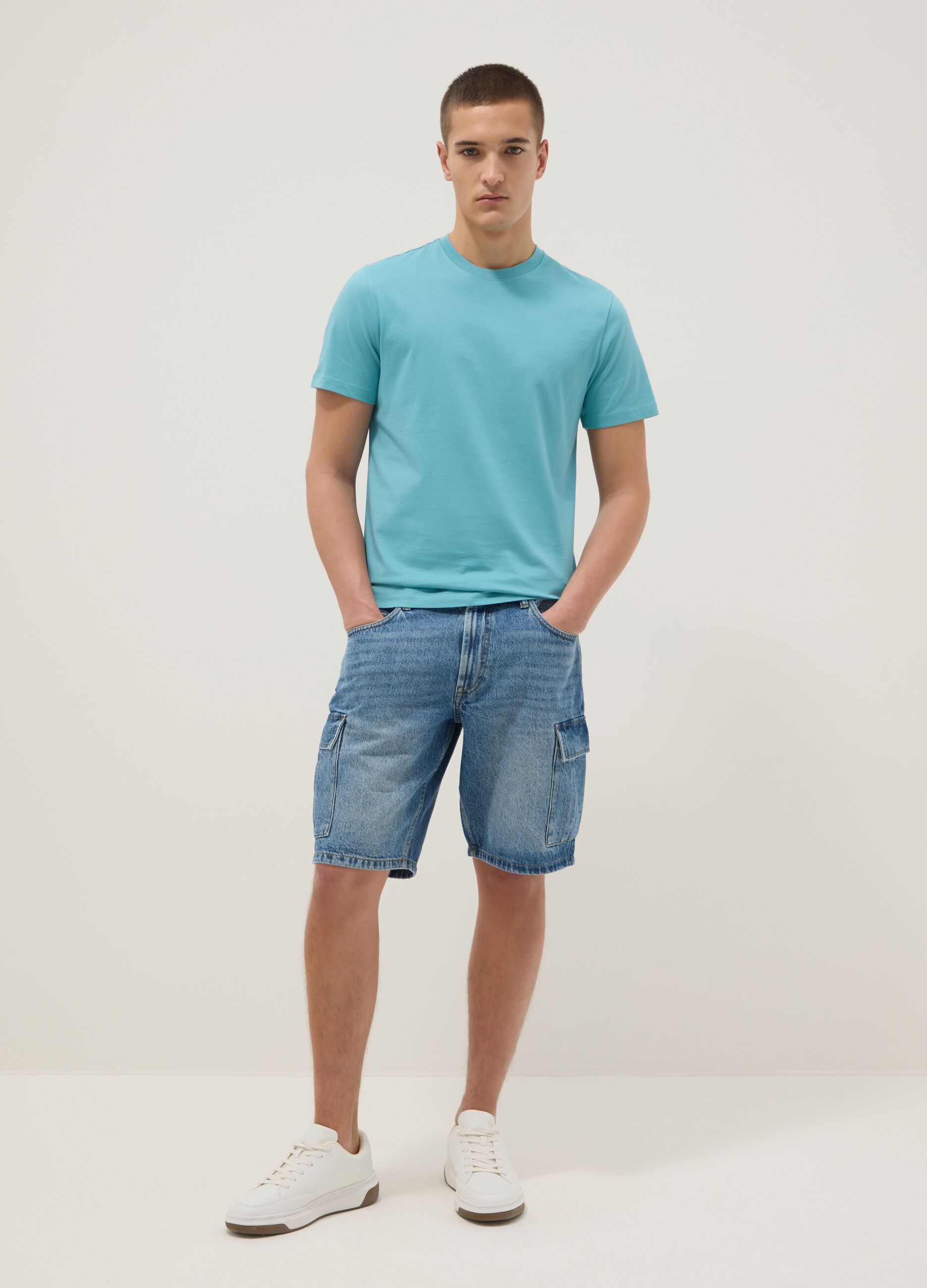 Short-sleeved pure cotton blue regular fit T-shirt