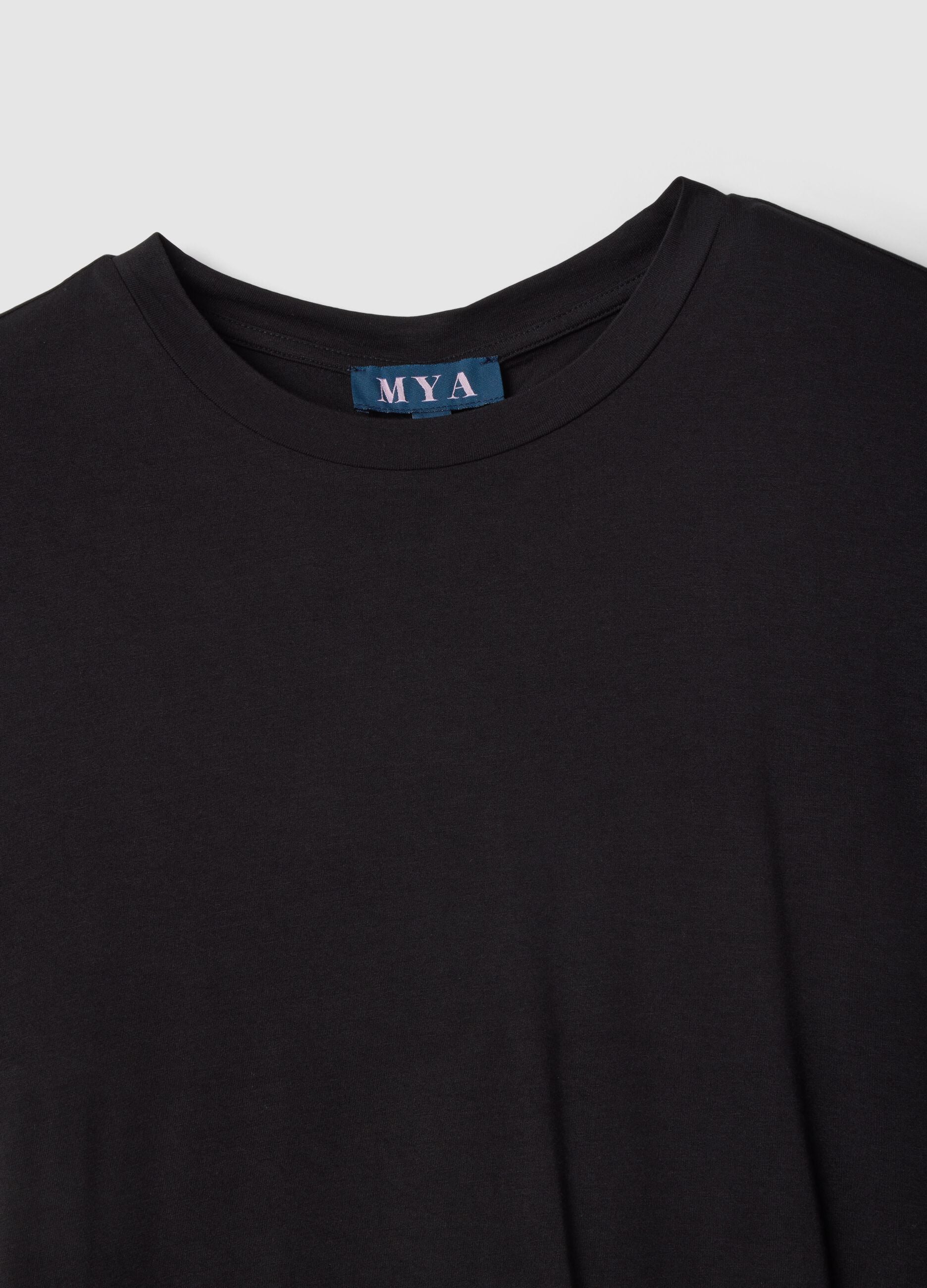 Black stretch viscose regular fit t-shirt with drawstring closure