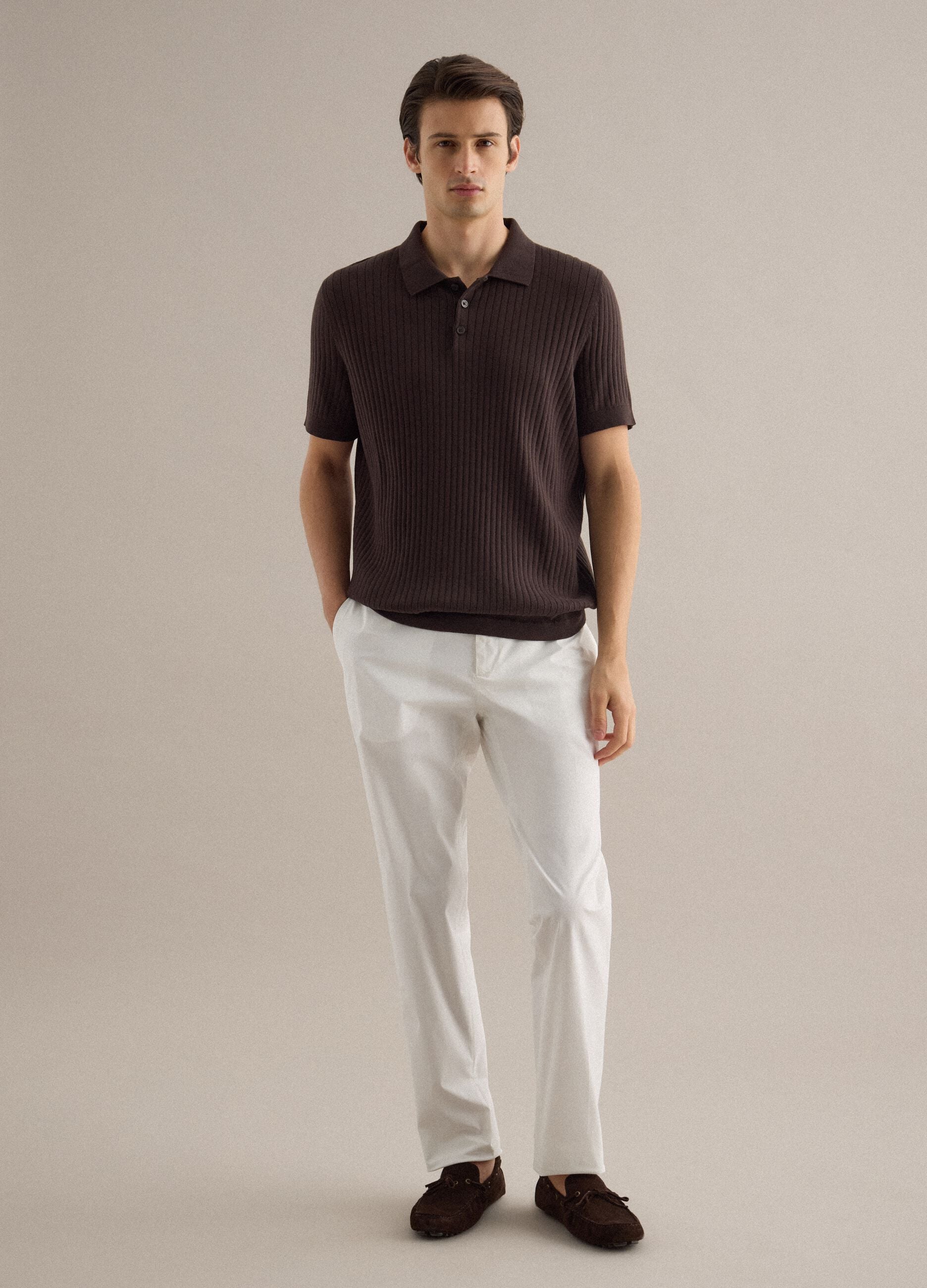 White stretch cotton trousers, regular fit