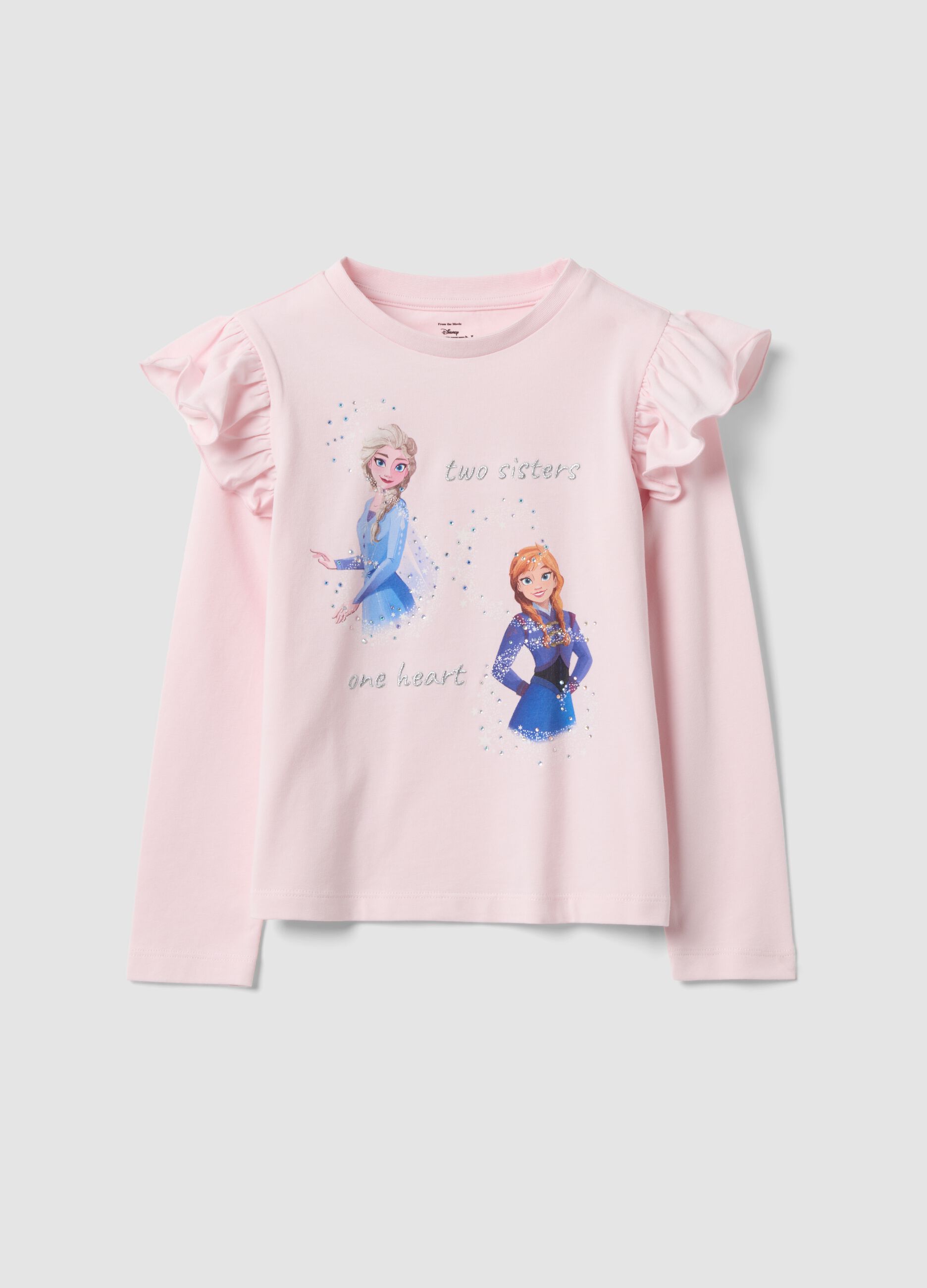 Girls&rsquo; pink stretch cotton T-shirt with ruffles and Frozen print