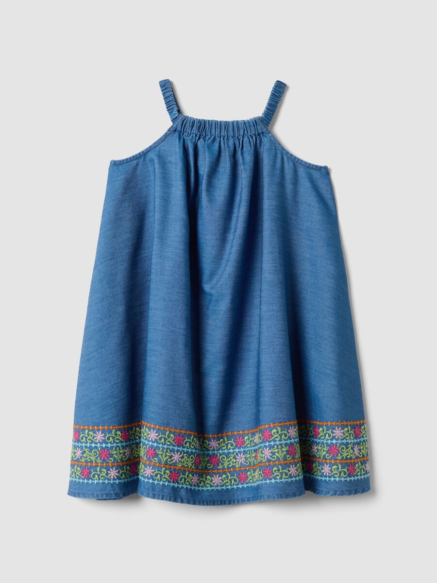Blue pure lyocell dress with straps and hem embroidery_3