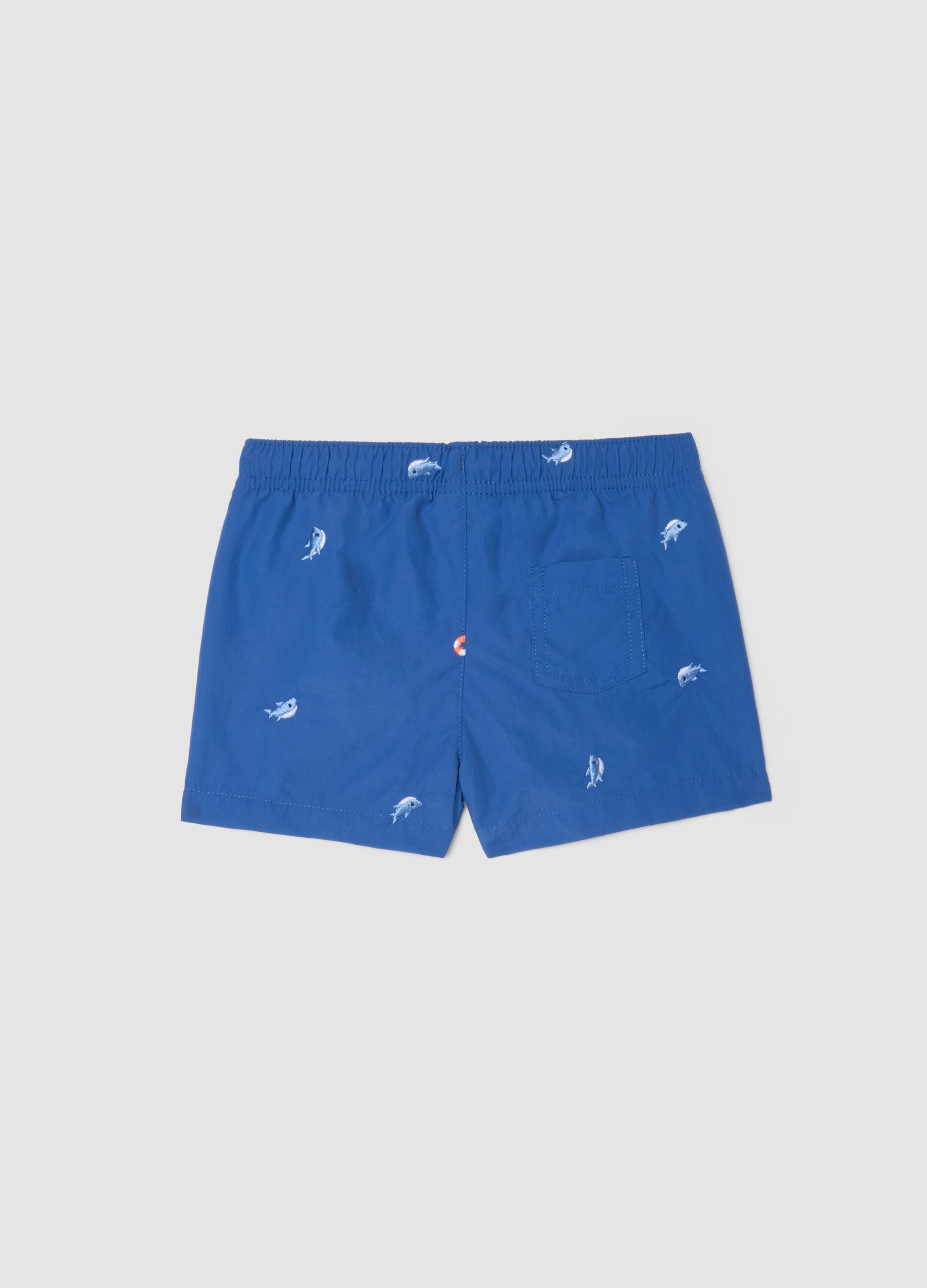 Sea-blue boys&rsquo; boxer swim shorts with fish print