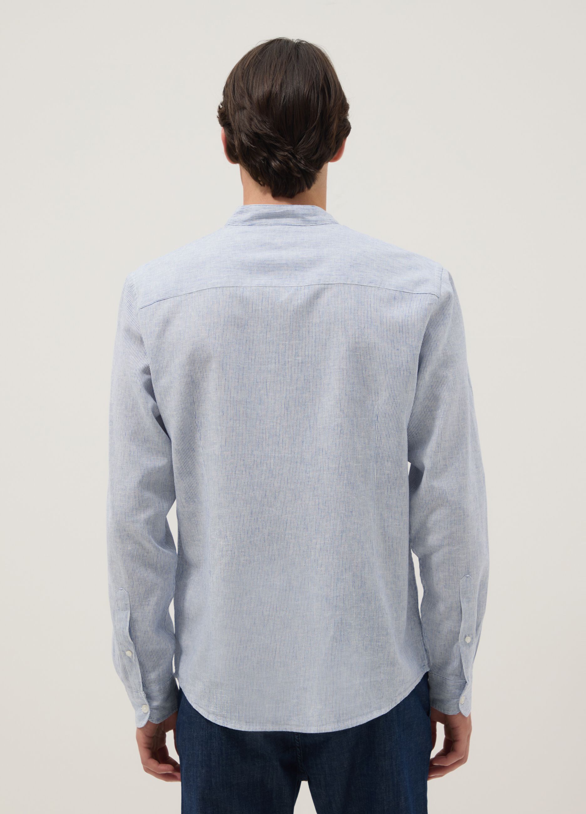 Multicoloured striped shirt with band collar in linen and cotton blend, regular fit