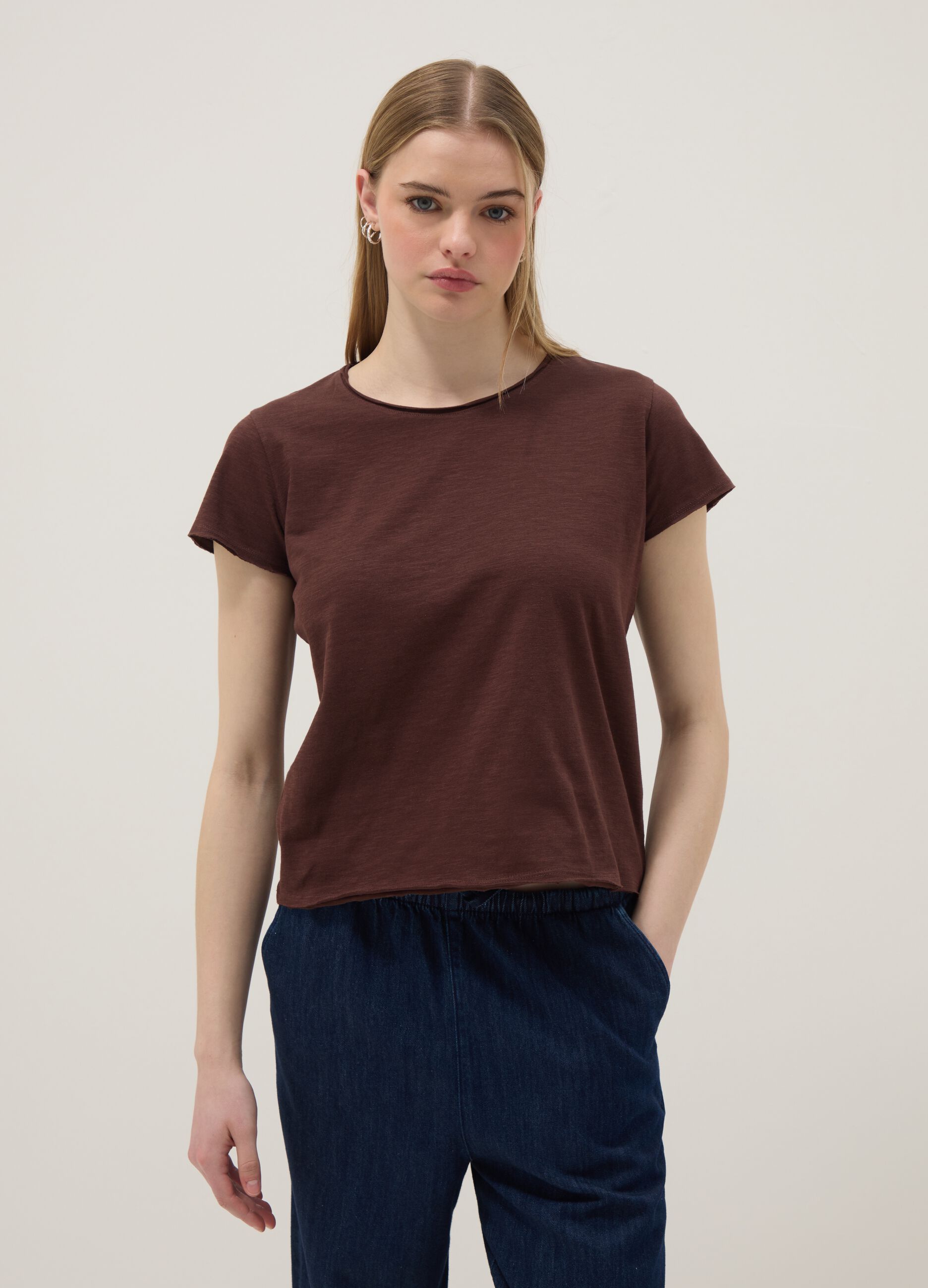 Brown short-sleeve pure cotton T-shirt, regular fit