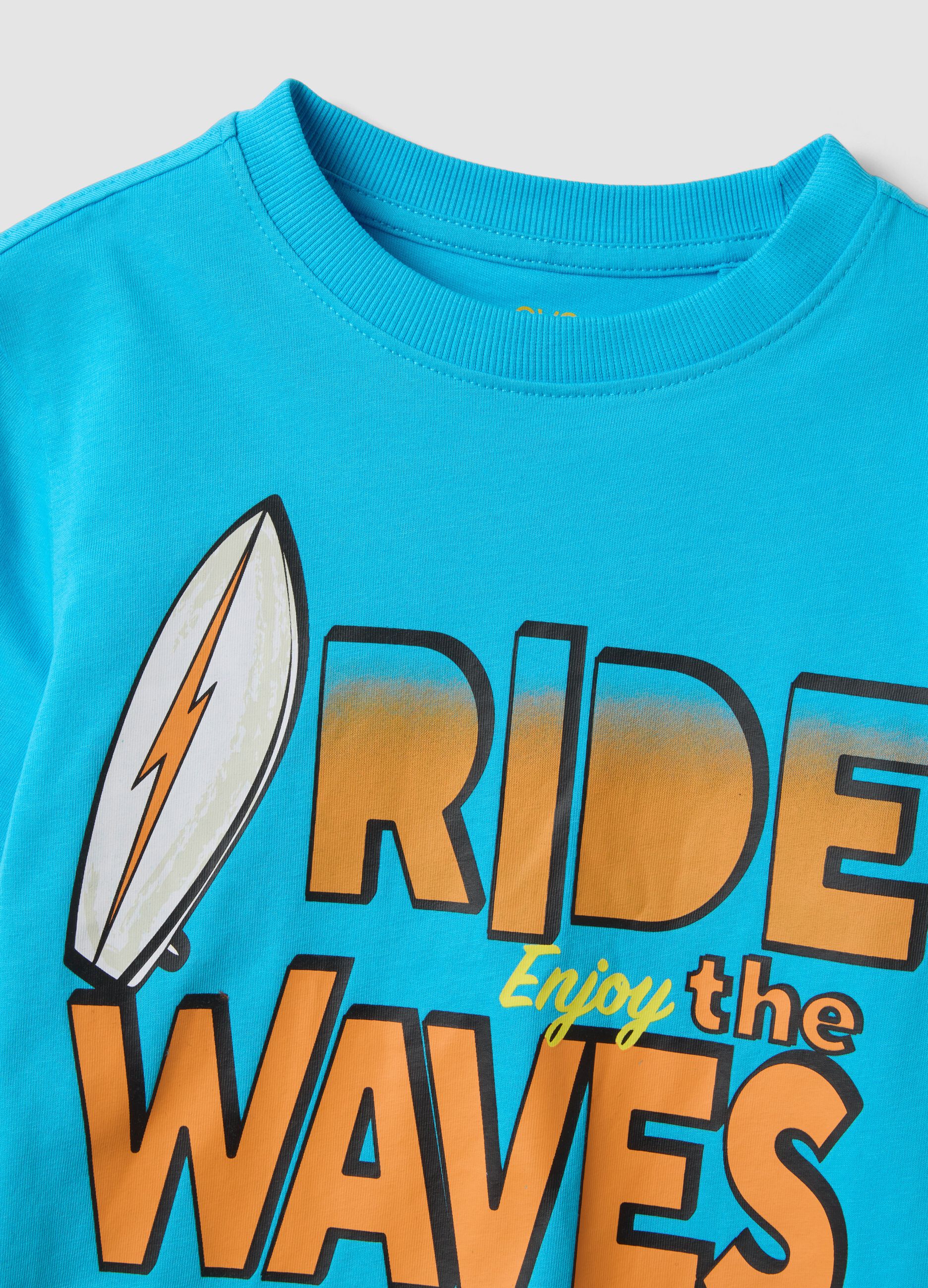 Blue pure cotton kids&rsquo; T-shirt with surf print, regular fit