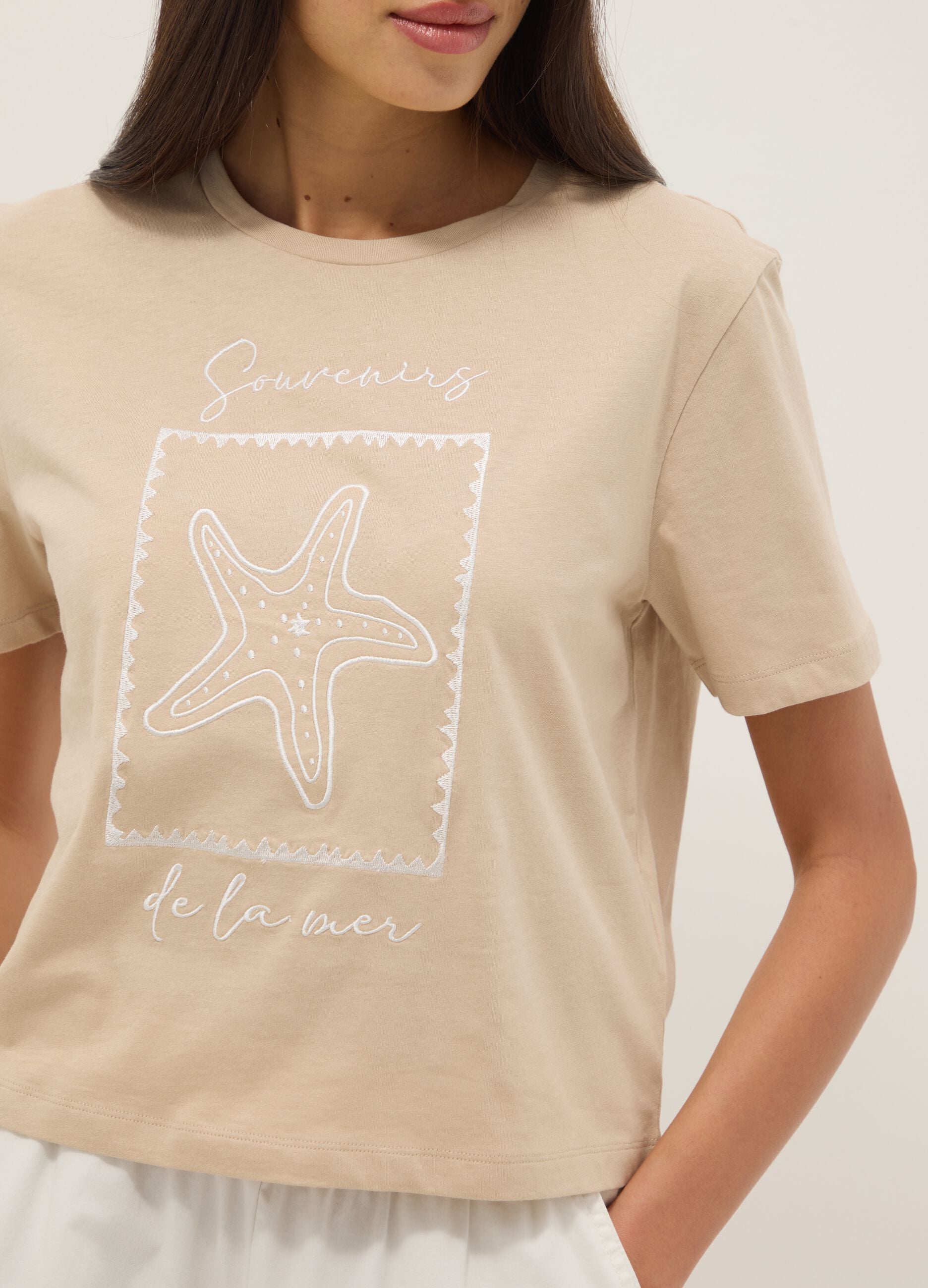 Beige pure cotton regular fit t-shirt with embroidery