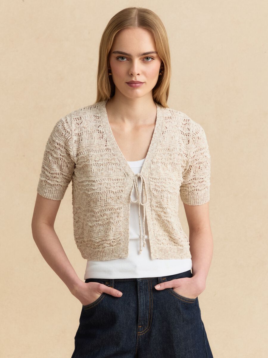 Cardigan beige in stile crochet di misto cotone e lino deep V regular fit_0