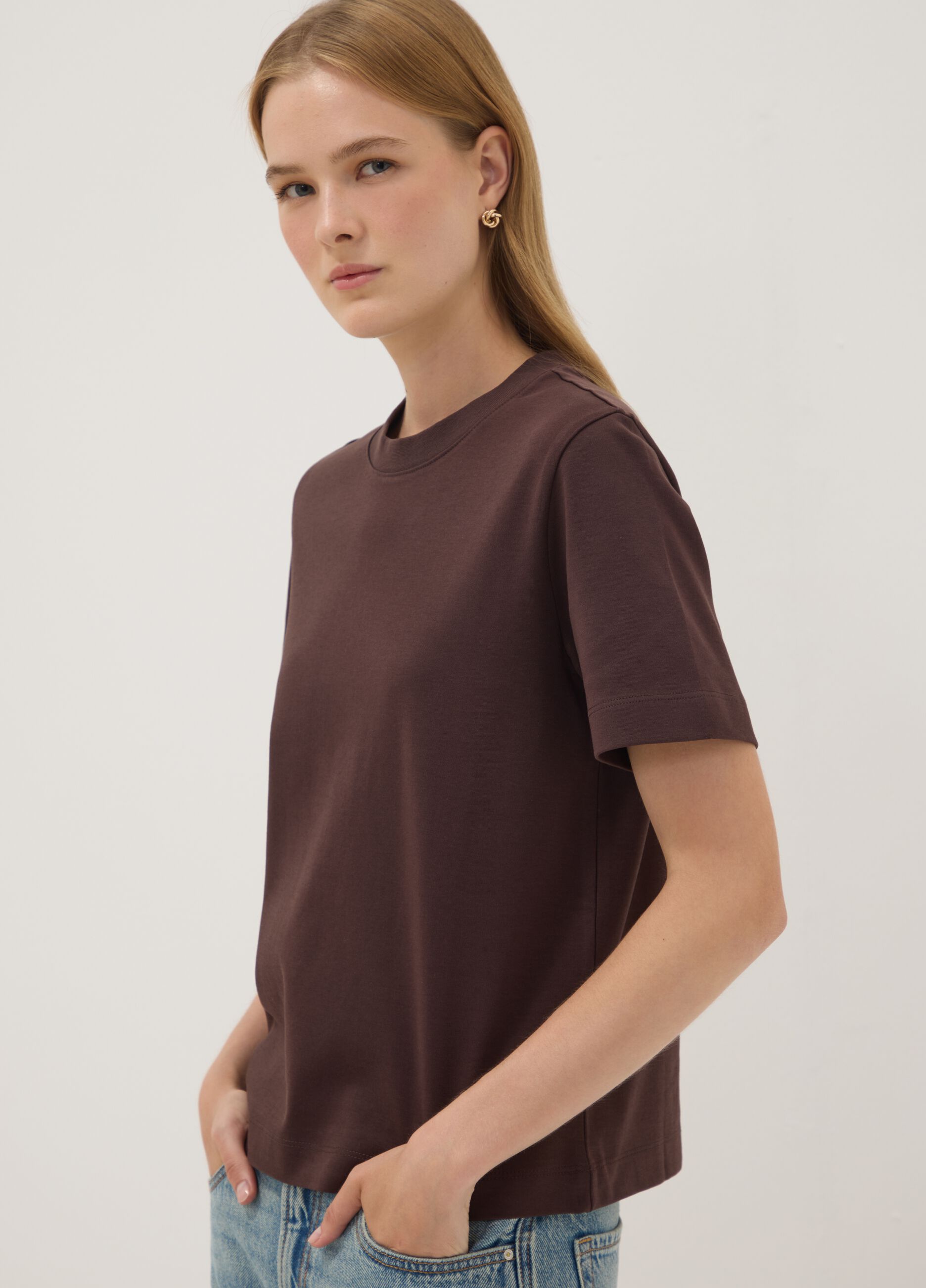 Brown relaxed-fit pure cotton short-sleeve T-shirt