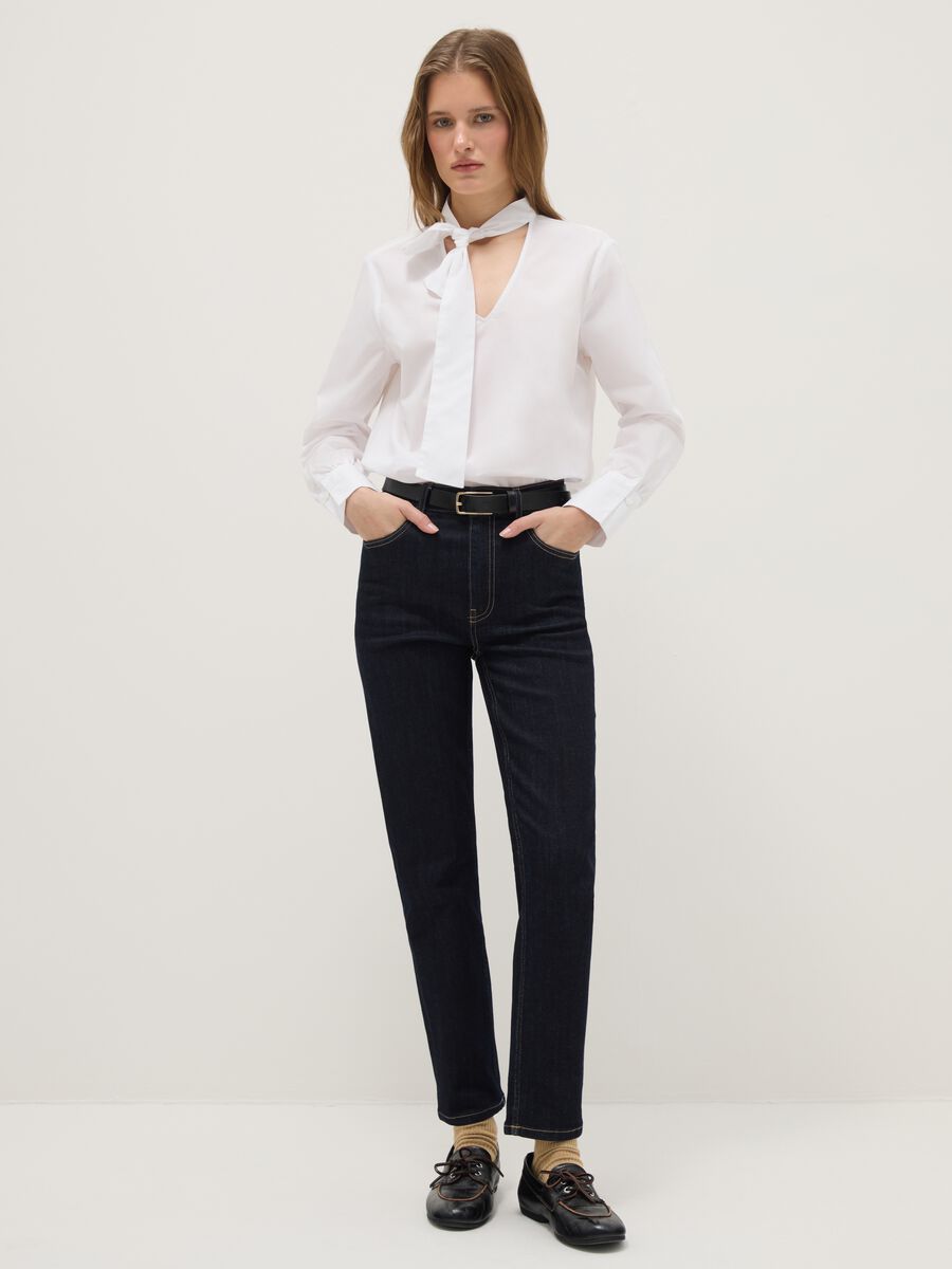 White pure cotton regular fit shirt with ribbon collar_1