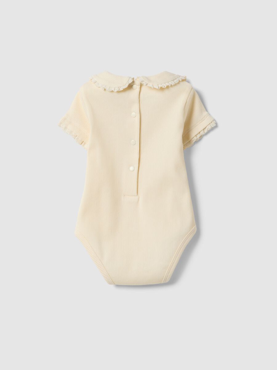 Baby's pure cotton beige striped bodysuit with ruched collar_1