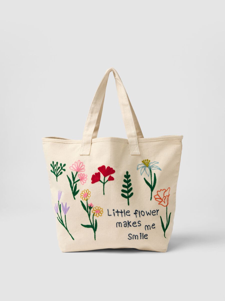 Borsa shopper in puro cotone beige con ricami_0
