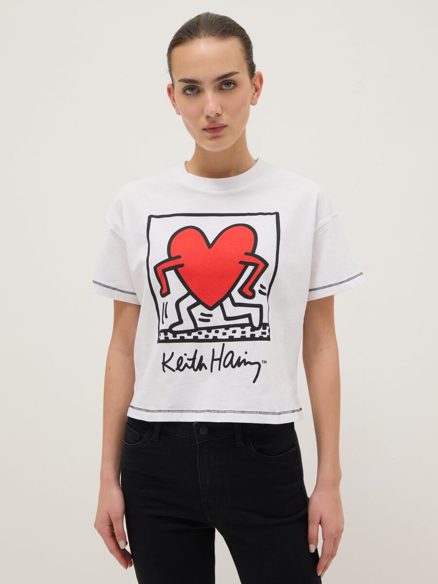 White pure cotton T-shirt, regular fit with Keith Haring print_0