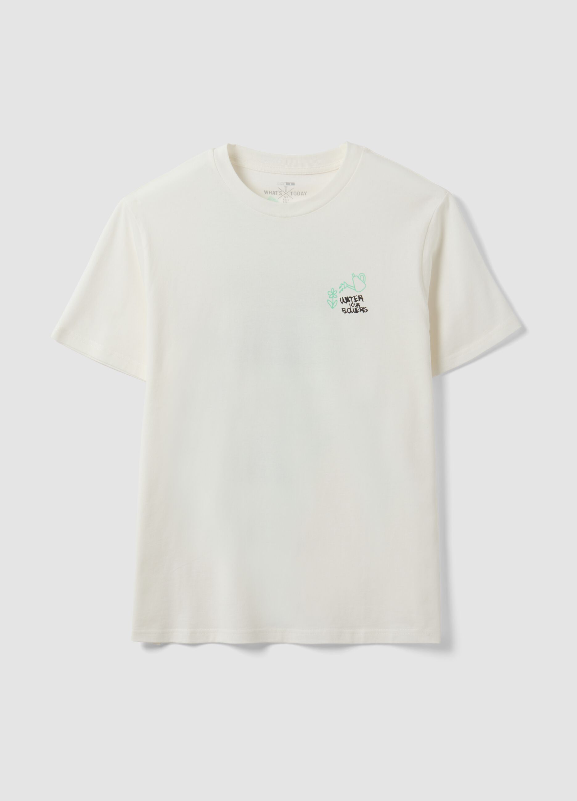 White pure cotton jersey T-shirt with "Water your Flowers" print, regular fit