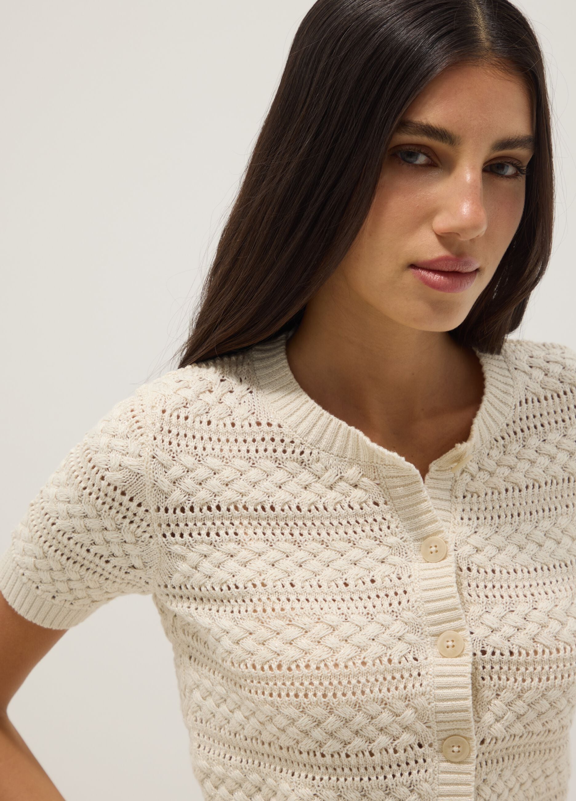 White cotton-blend regular-fit knitted cardigan