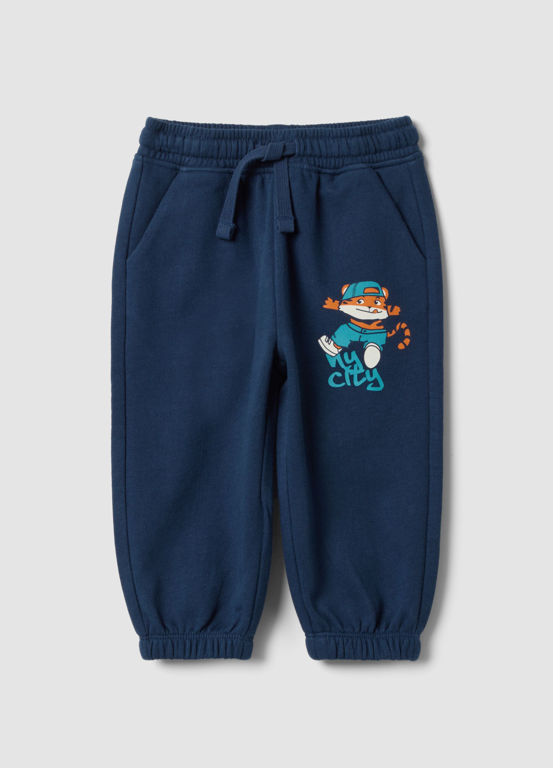 Blue pure cotton jogger trousers with elasticated waist for baby boys