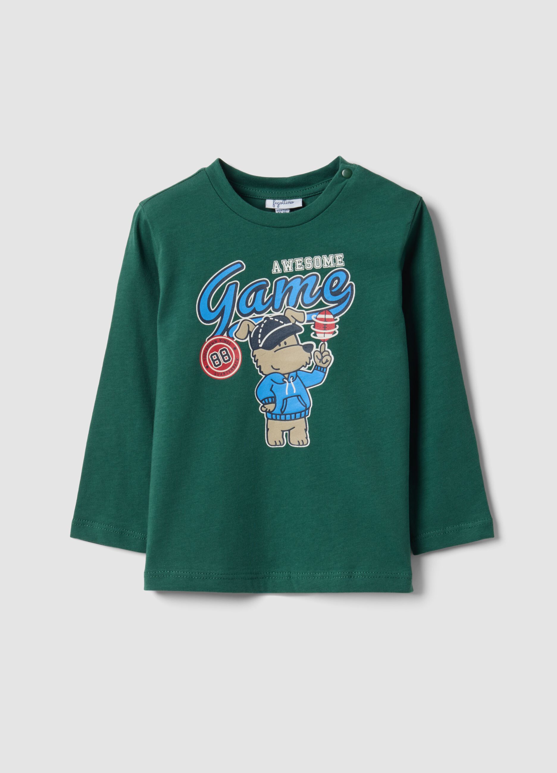 T-shirt verde in puro cotone organico con stampa cagnolino per bimbo