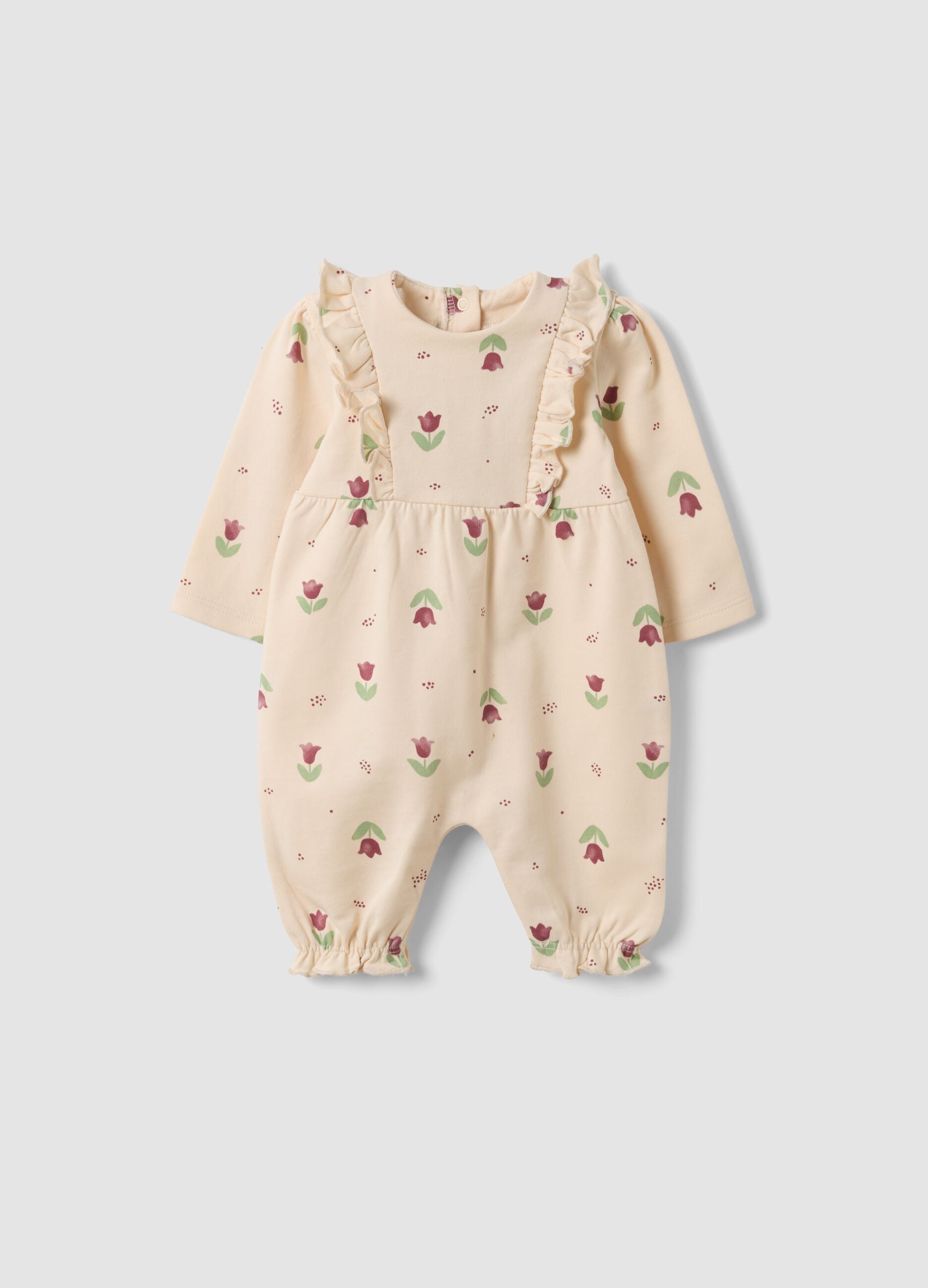 Beige organic cotton baby girl sleepsuit with floral print