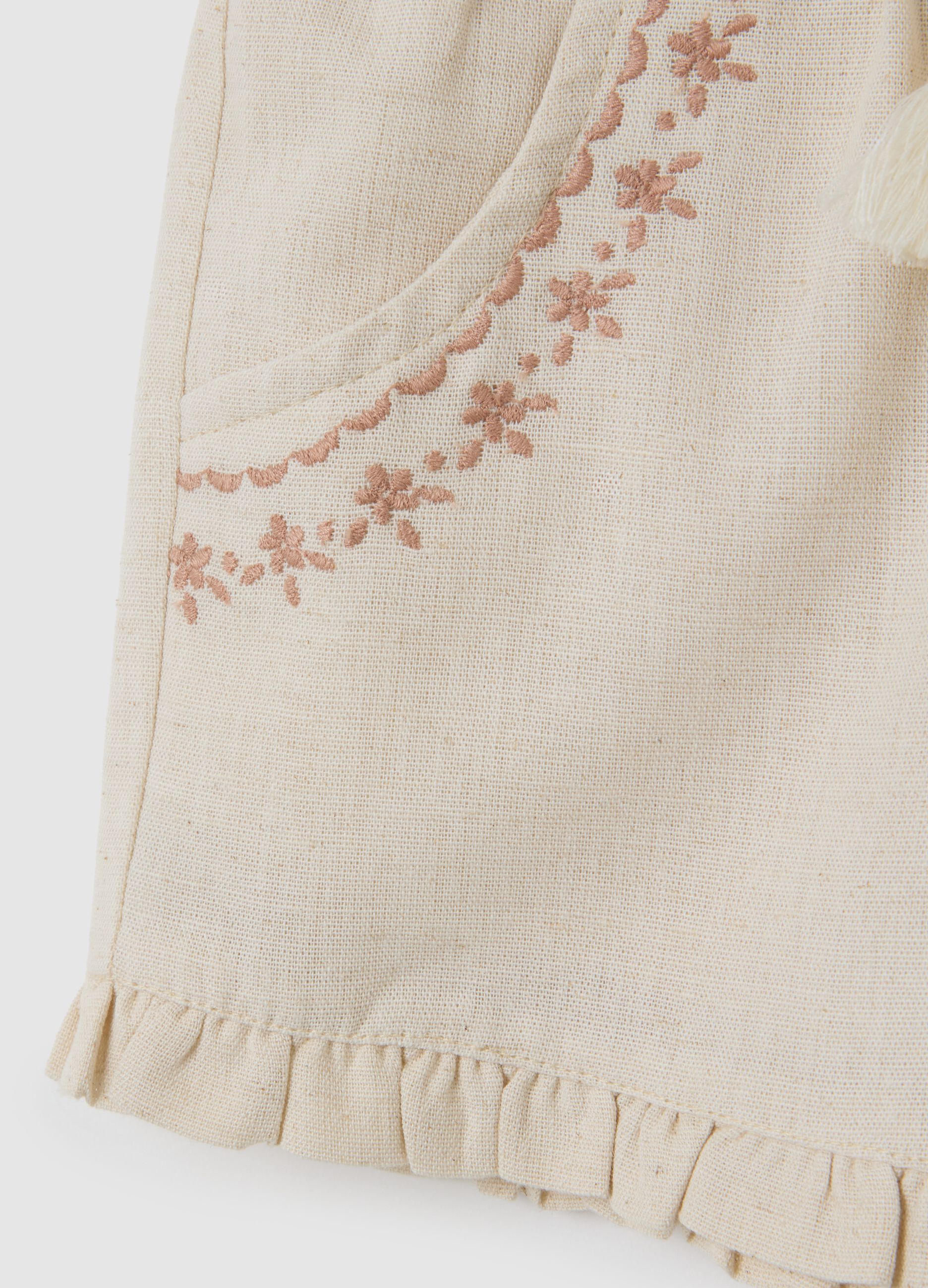 Baby girls&rsquo; beige regular-fit shorts in cotton with fringe